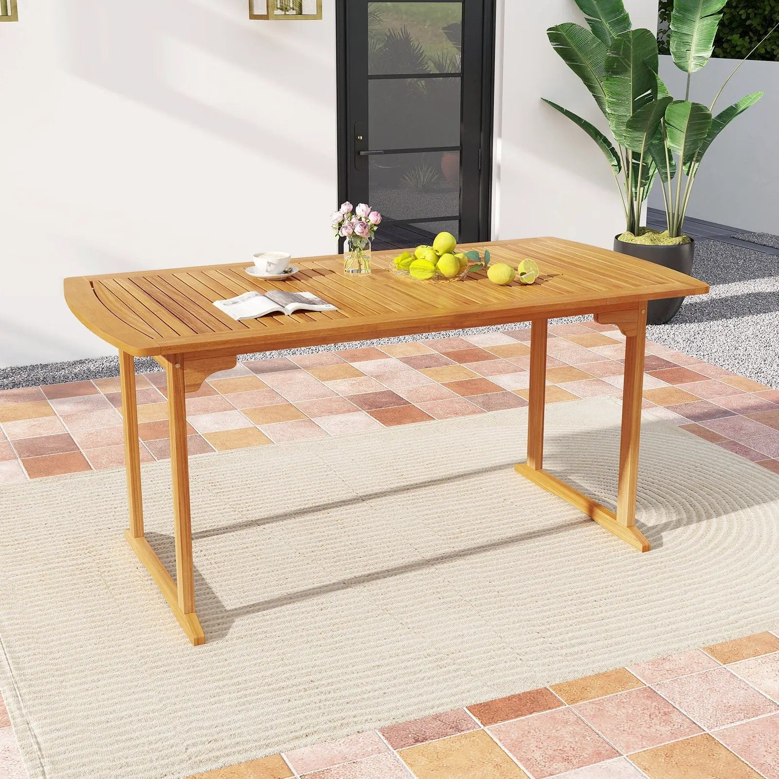 63 inch Outdoor Dining Table with Umbrella Hole and Slatted Tabletop by DirectDeals
