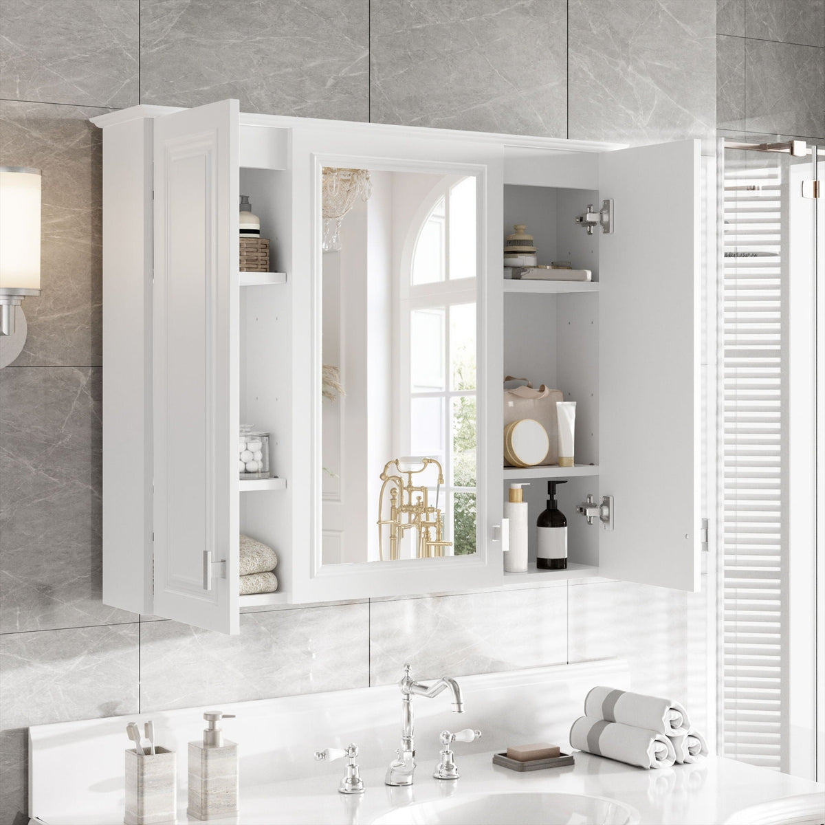 White Wall Mounted Mirror Cabinet with 5 Adjustable Shelves - Bathroom Storage, photo 9 of 15
