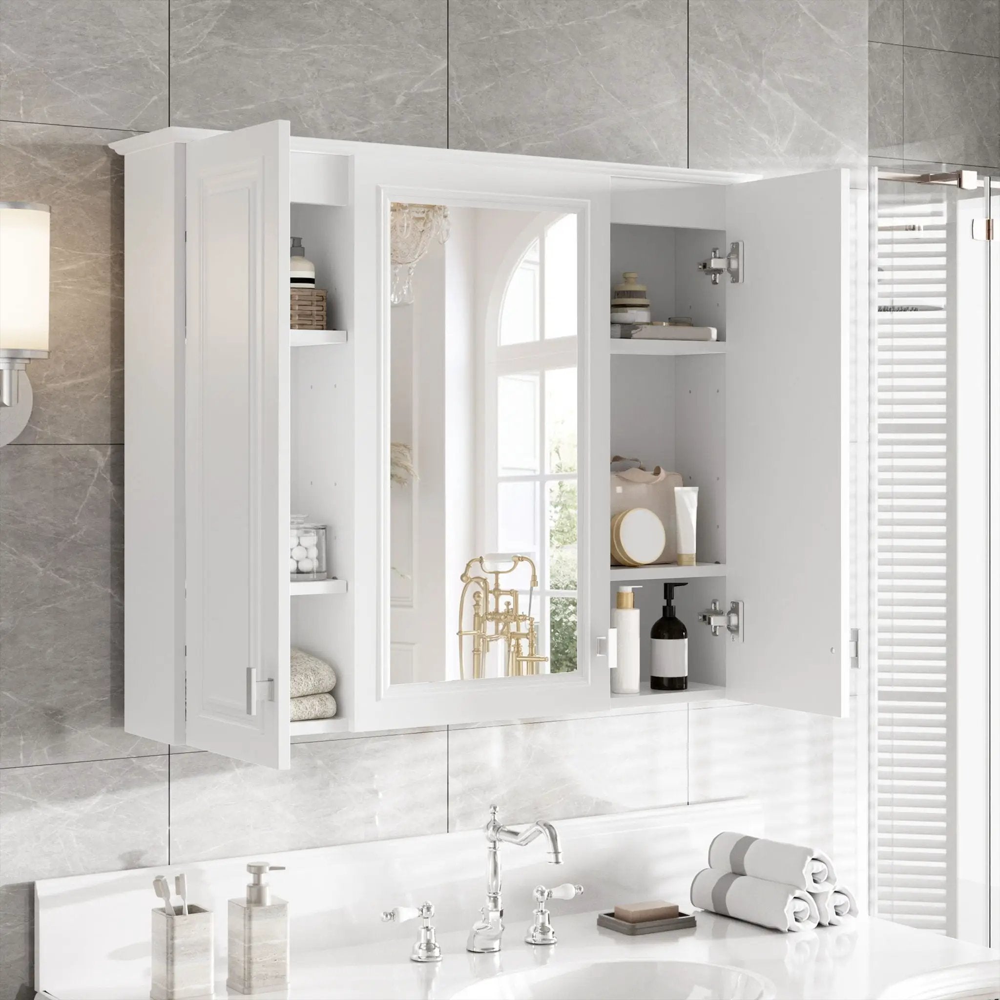 Wall Mounted Mirror Cabinet With 5 Adjustable Shelves, Rectangular Storage For Bathroom - White by HouseOfZazla