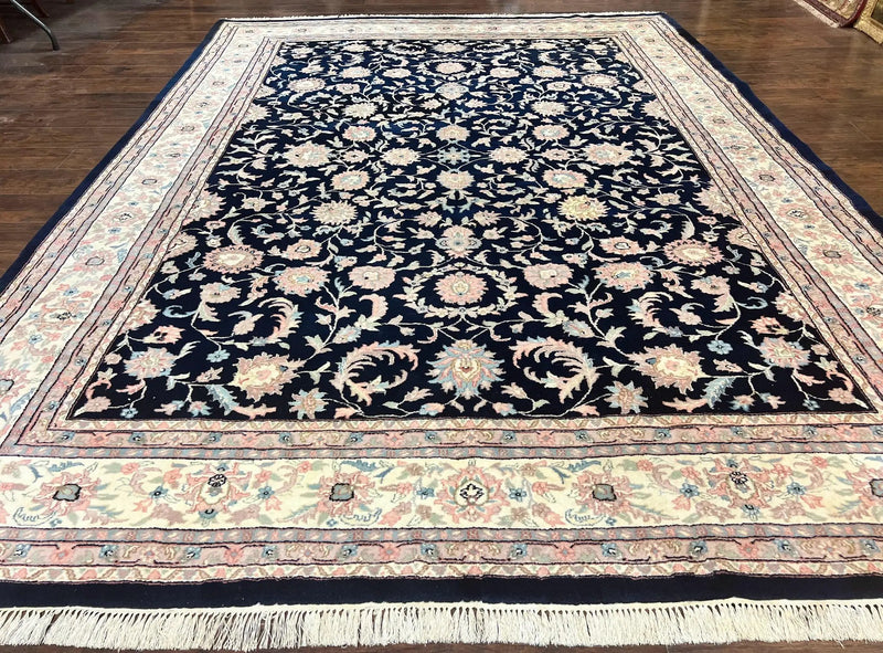 Indo Persian Rug 9x12, Navy Blue and Ivory/Cream, Floral Allover, Wool Vintage Handmade Carpet by Jewel Rugs