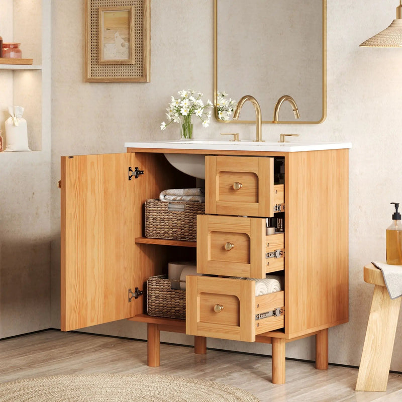 Bathroom Vanity With Sink, 3 Drawers, Soft Close Door - Natural Wood by HouseOfZazla