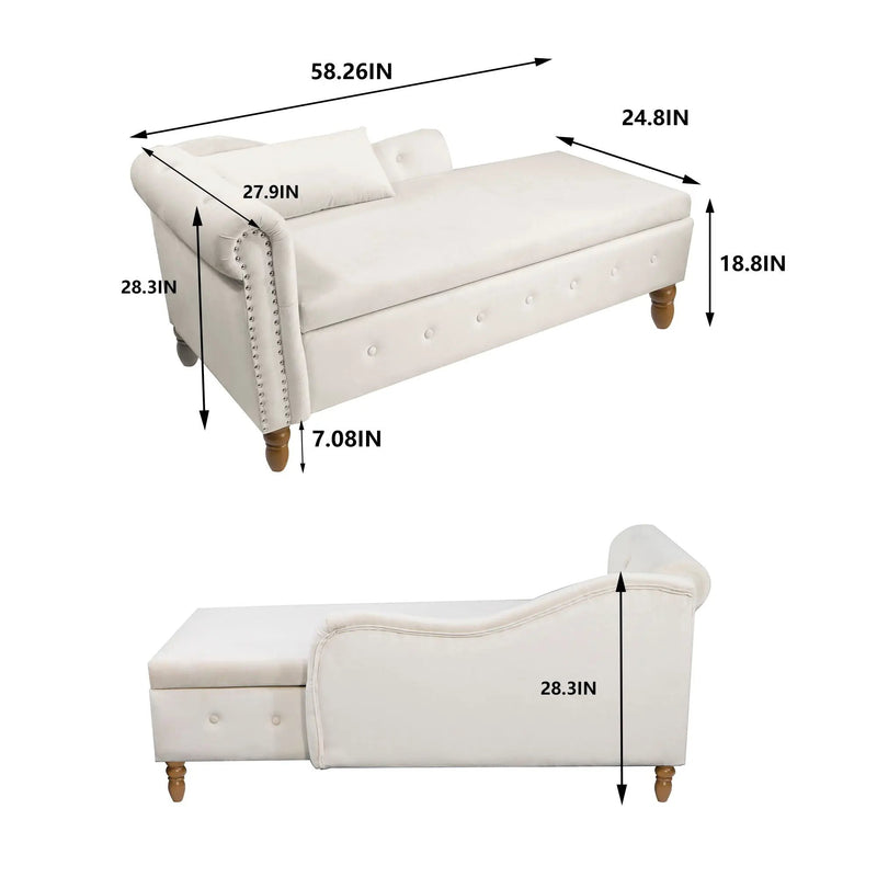 Chaise Lounge Indoor, Lounge Chair For Bedroom With Storage & Pillow, Modern Upholstered Rolled Arm Chase Lounge For Sleeping With Nailhead Trim For Living Room Bedroom Office by HouseOfZazla