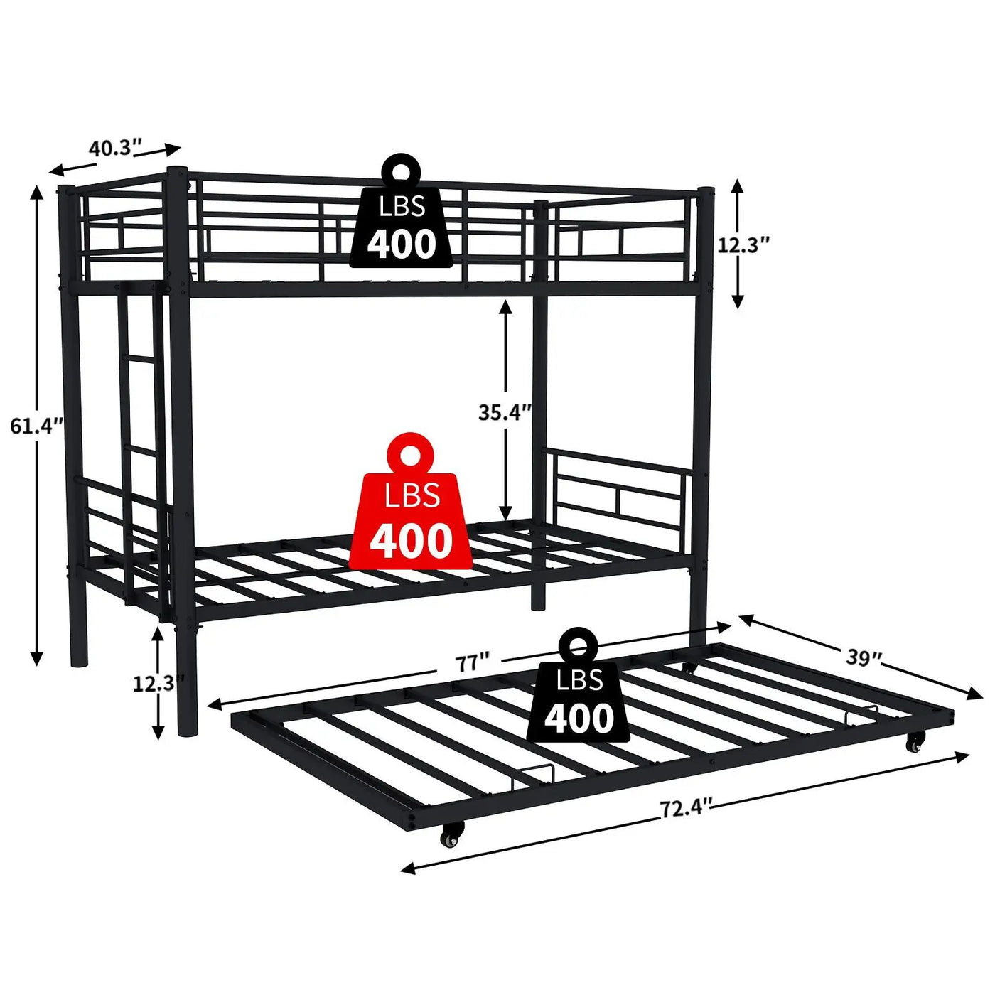 Metal Bunk Bed For Kids, Convertible Bedframe With Ladders & Guardrail by HouseOfZazla
