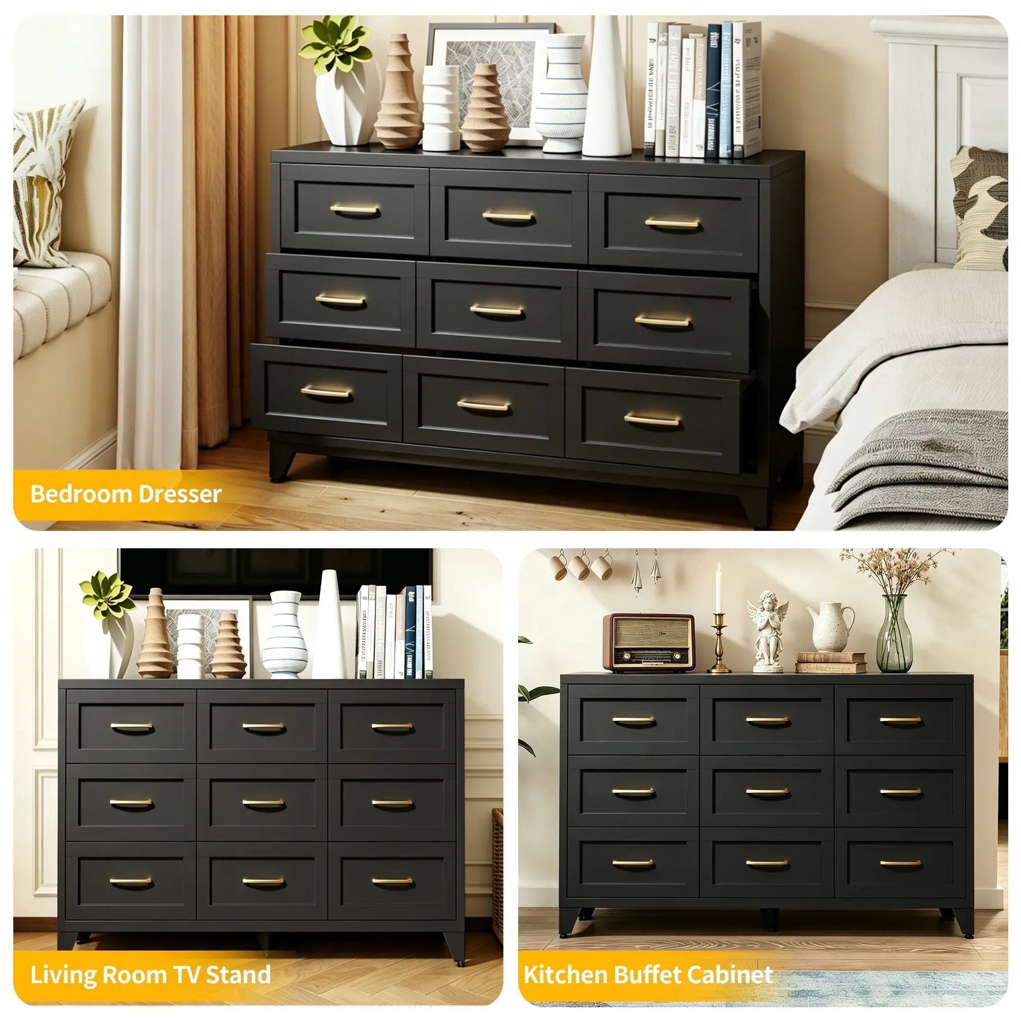 9 Drawer Dresser for Bedroom, Metal Profile Chest of Drawers by HouseOfZazla