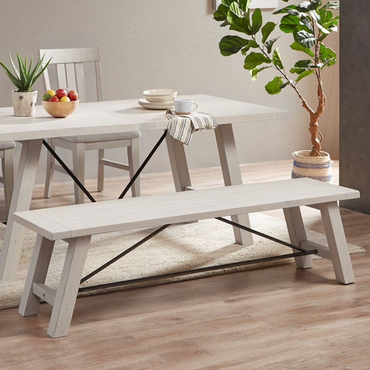 Solid Wood Dining Bench with Metal Stretchers - Light Brown or White, photo 9 of 13