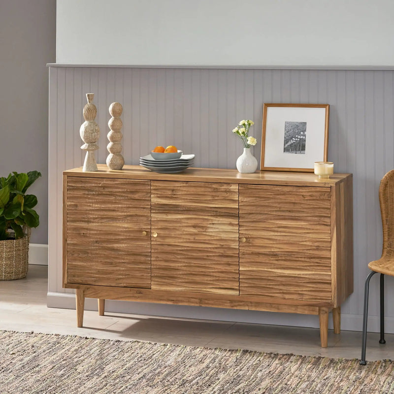 Boho Handcrafted 3 Door Sideboard, Carved Texture & Artisanal Charm - Natural by HouseOfZazla