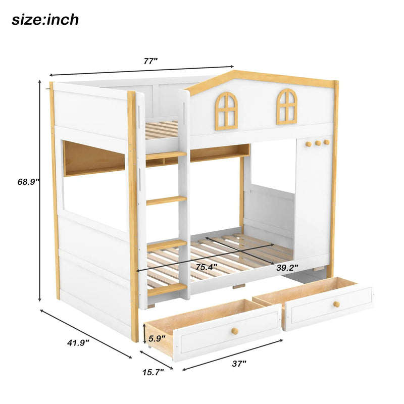 Twin Over Twin Bunk Bed With House Shaped Guardrails, Storage Shelves & Drawers - White / Natural by HouseOfZazla