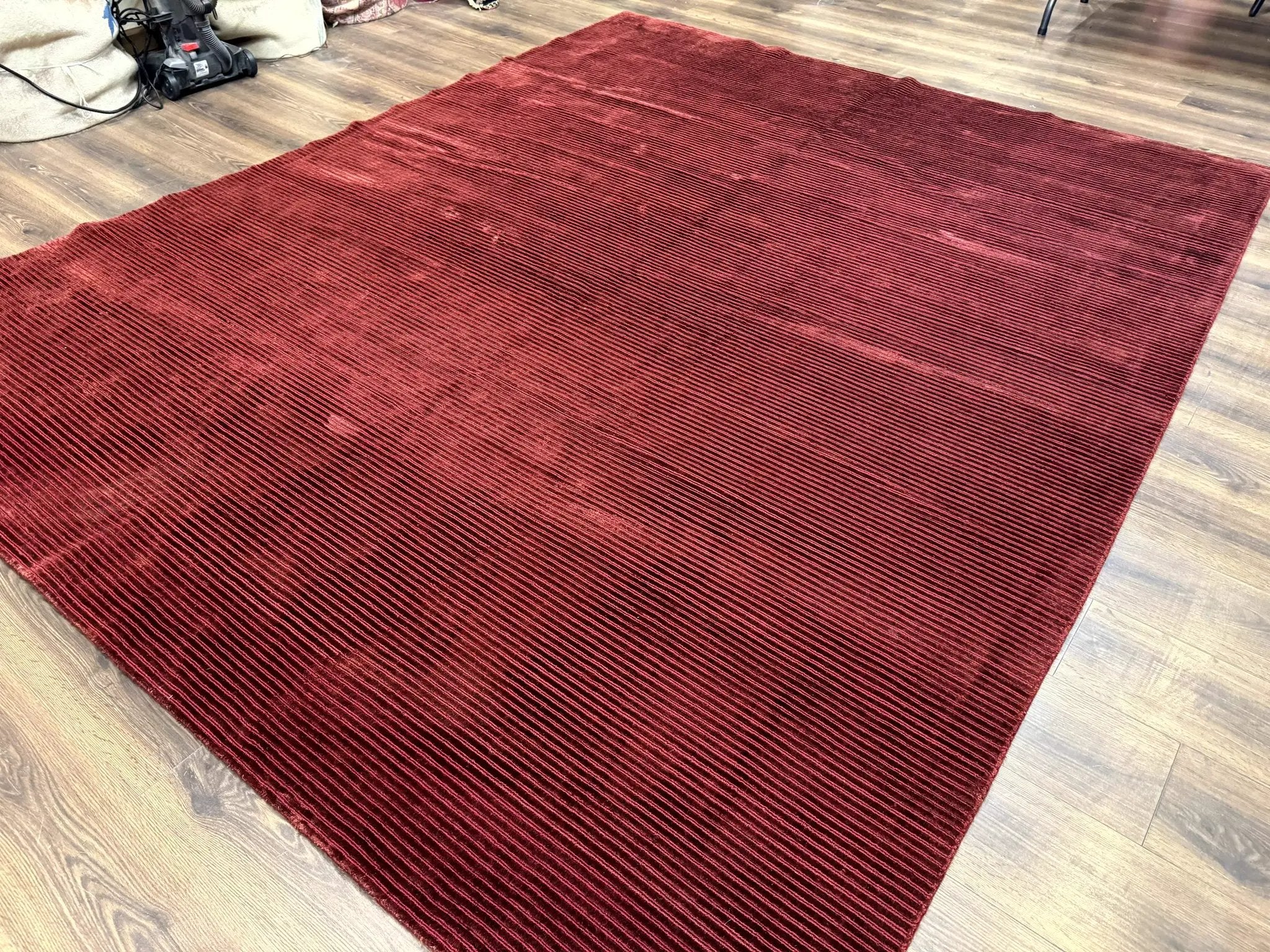 Modern Tibetan Rug 8x10, Red, Stripes, Handmade Wool Thick Pile Carpet by Jewel Rugs