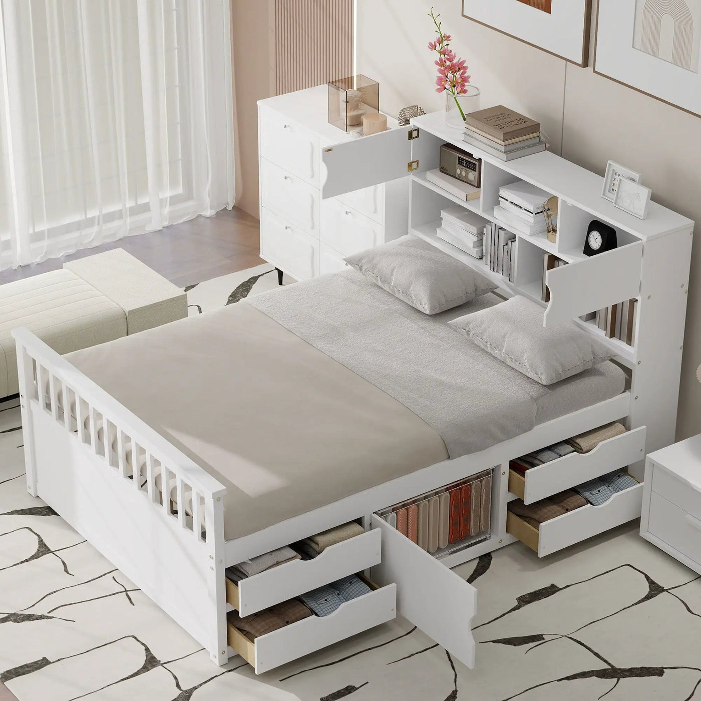 Captain Platform Bed Frame With Bookcase Headboard, 4 Drawers, Storage Shelves by HouseOfZazla