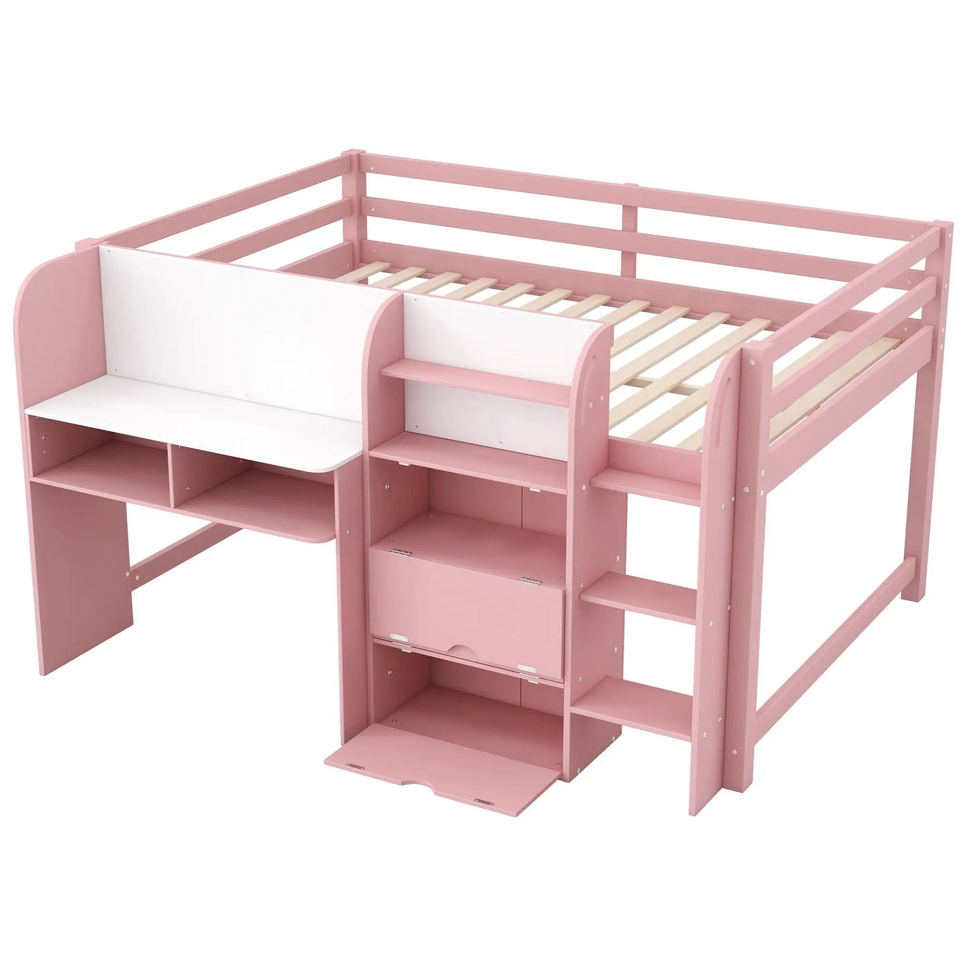 Low Loft Bed With Built In Desk, Storage Cabinets, Open Bookcase And Doodle board by HouseOfZazla