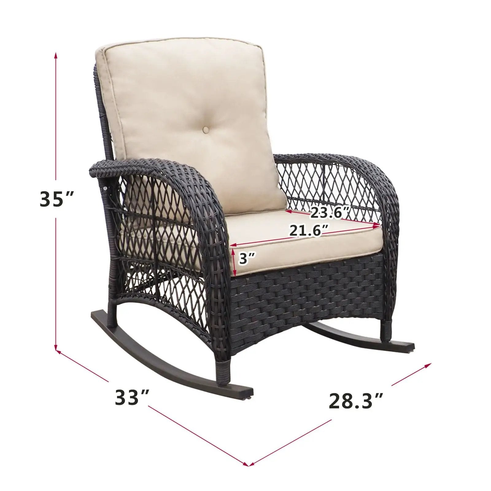 Garden Rocking Chair, Outdoor Rattan Rocker Chair With All-Weather Hand-Woven Resin Wicker, Patio Relaxing Lounge Furniture With Powder-Coated Metal Frame For Backyard, Porch - Brown / Beige by HouseOfZazla