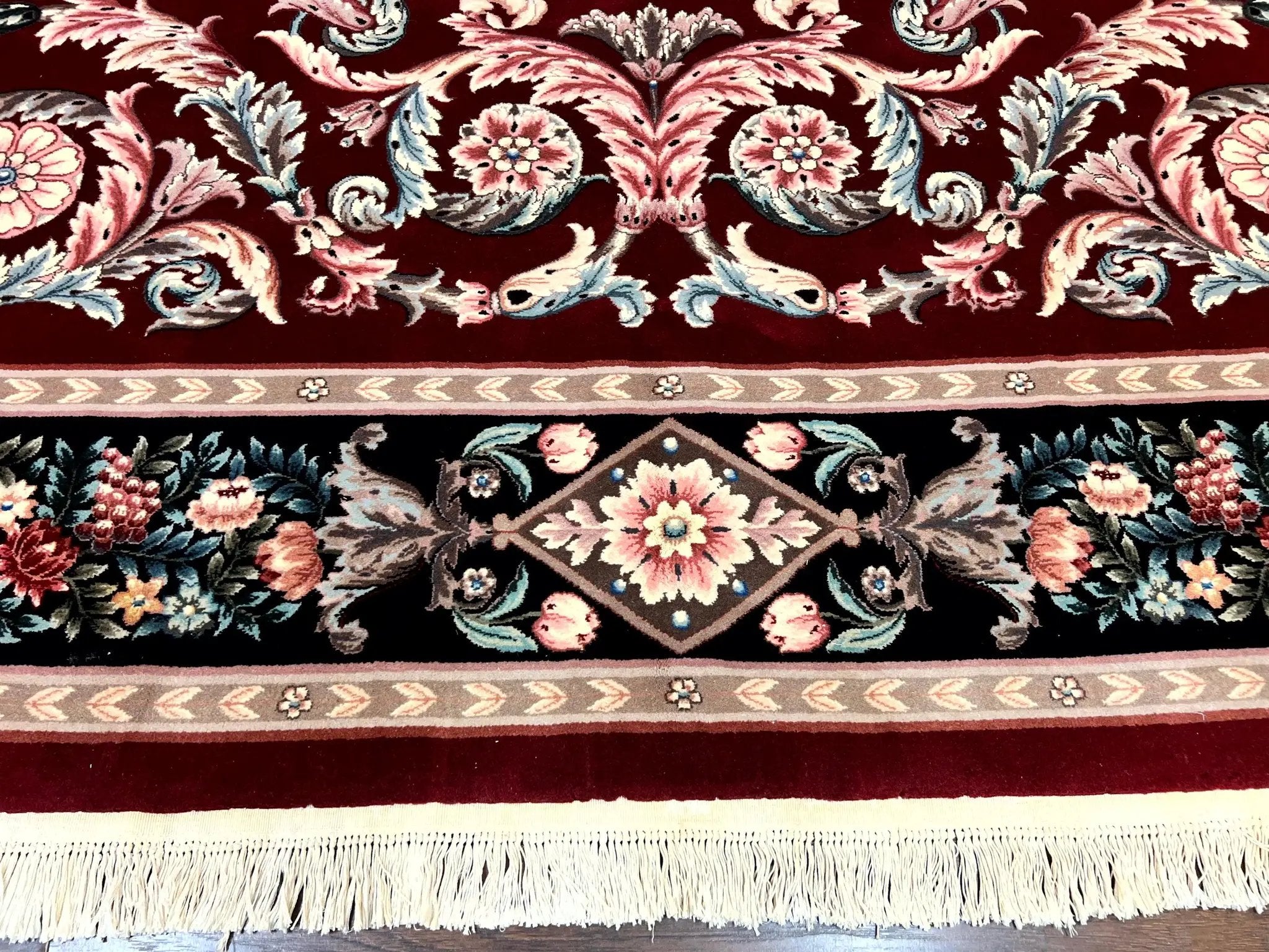 Chinese Aubusson Rug 9x12, Burgundy, Handmade Vintage Wool Carpet, Fine 210 KPSI, Elegant European Design by Jewel Rugs