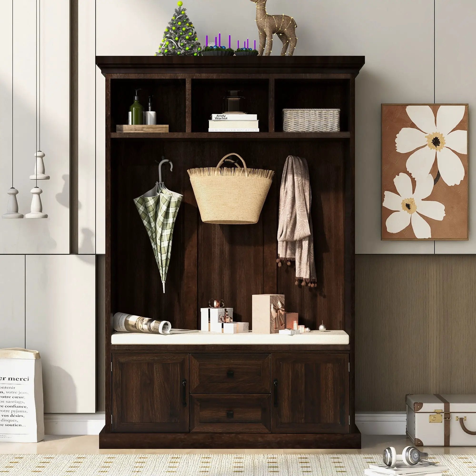 Hall Tree With 3 Hooks, Coat Hanger, Entryway Bench, Storage Bench, 3 In 1 Design by HouseOfZazla