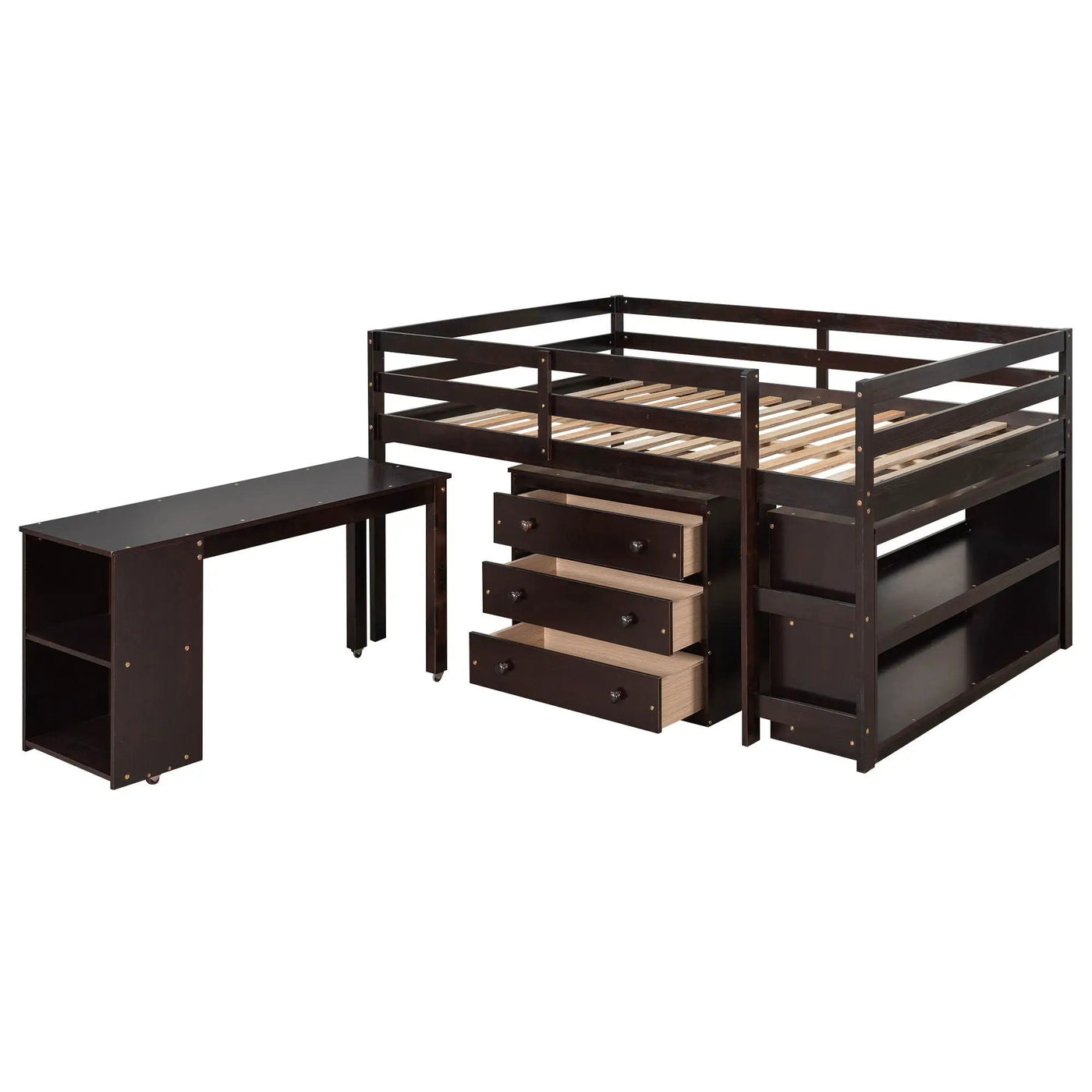 Loft Low Study Bed With Cabinet, Shelves And Rolling Portable Desk, Multiple Functions by Unique Piece Furniture