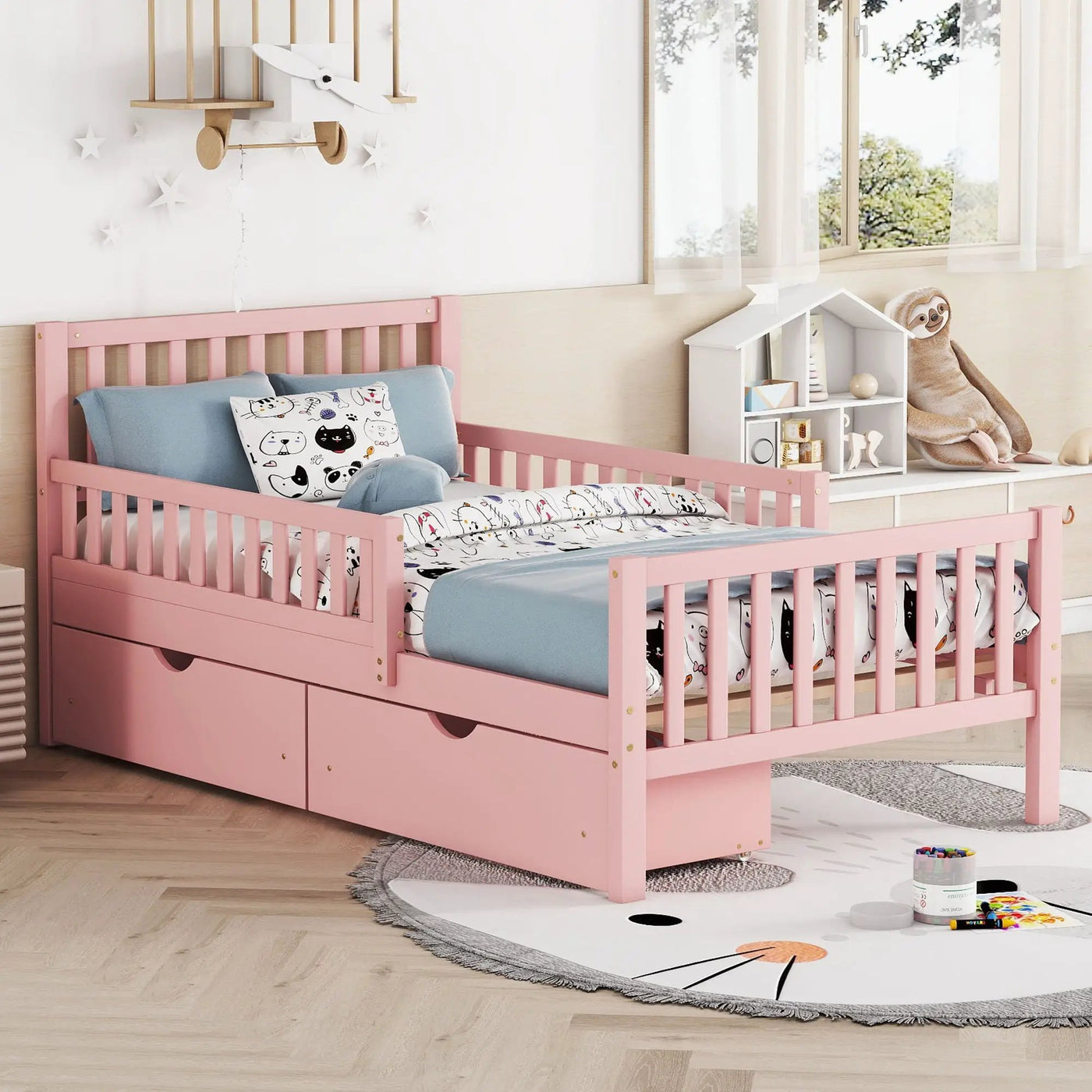 Platform Bed With Guardrails On Both Sides And 2 Storage Drawers by HouseOfZazla