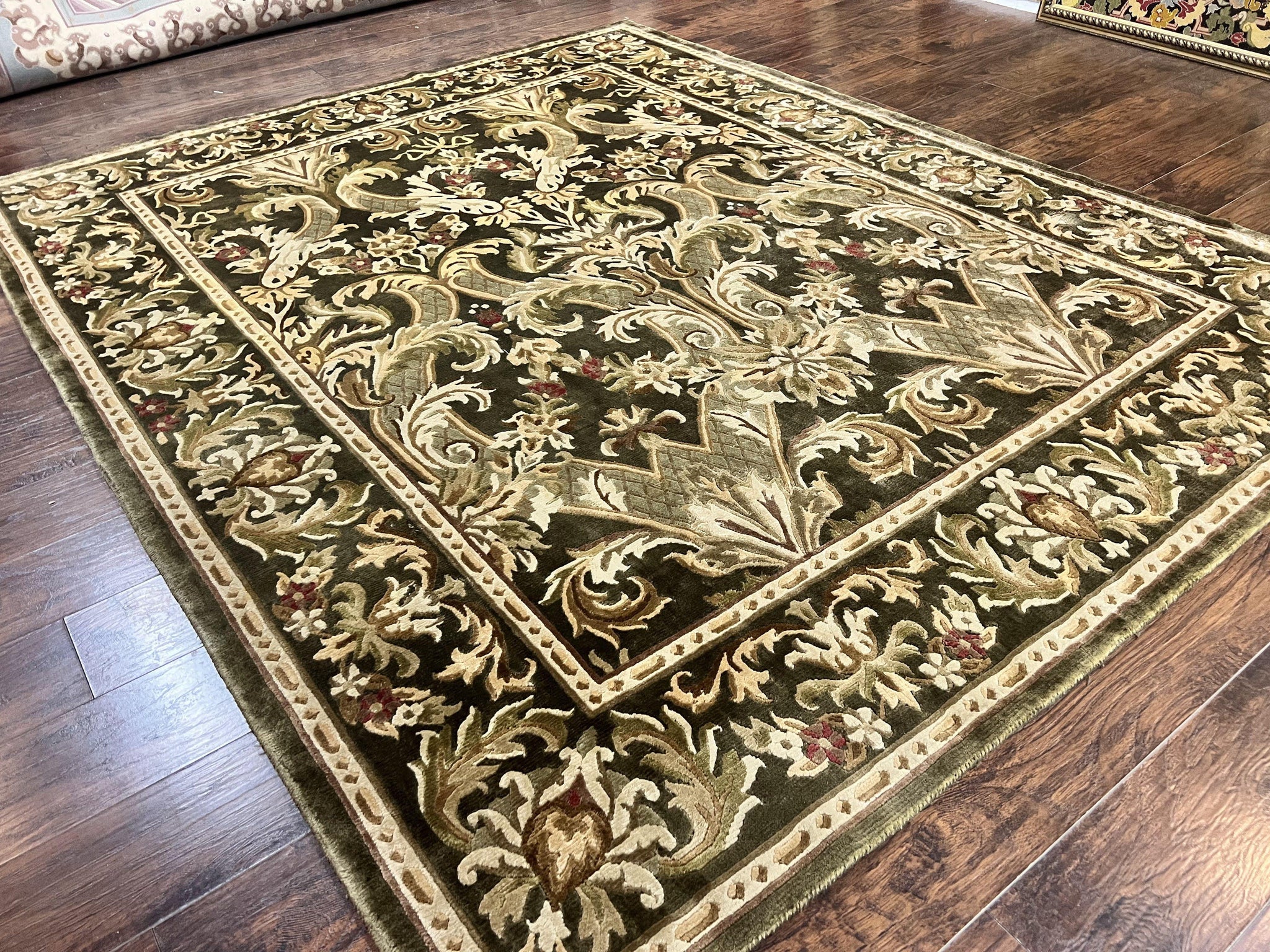 Tibetan Rug 8x10, European Design, Floral, Green, Handmade, Wool, Nepali Rug by Jewel Rugs