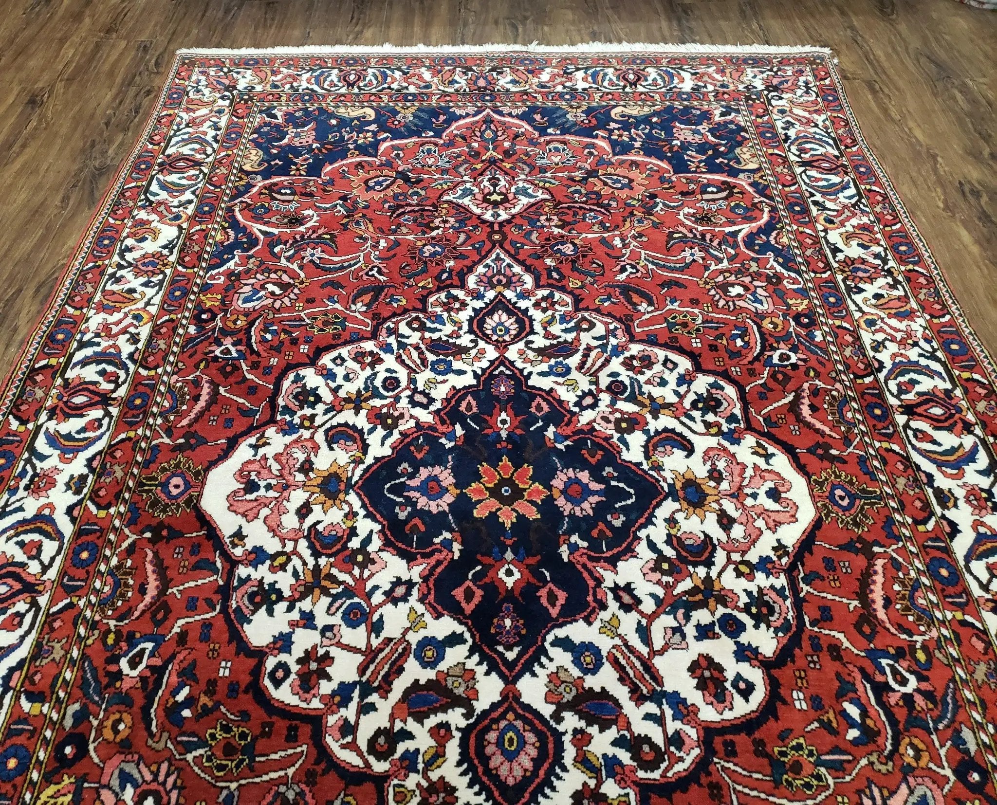 Semi Antique Persian Bakhtiari Rug, Hand-Knotted, Wool, Red, Midnight Blue, Ivory, Floral Medallion, 5'1" x 8' 6" by Jewel Rugs