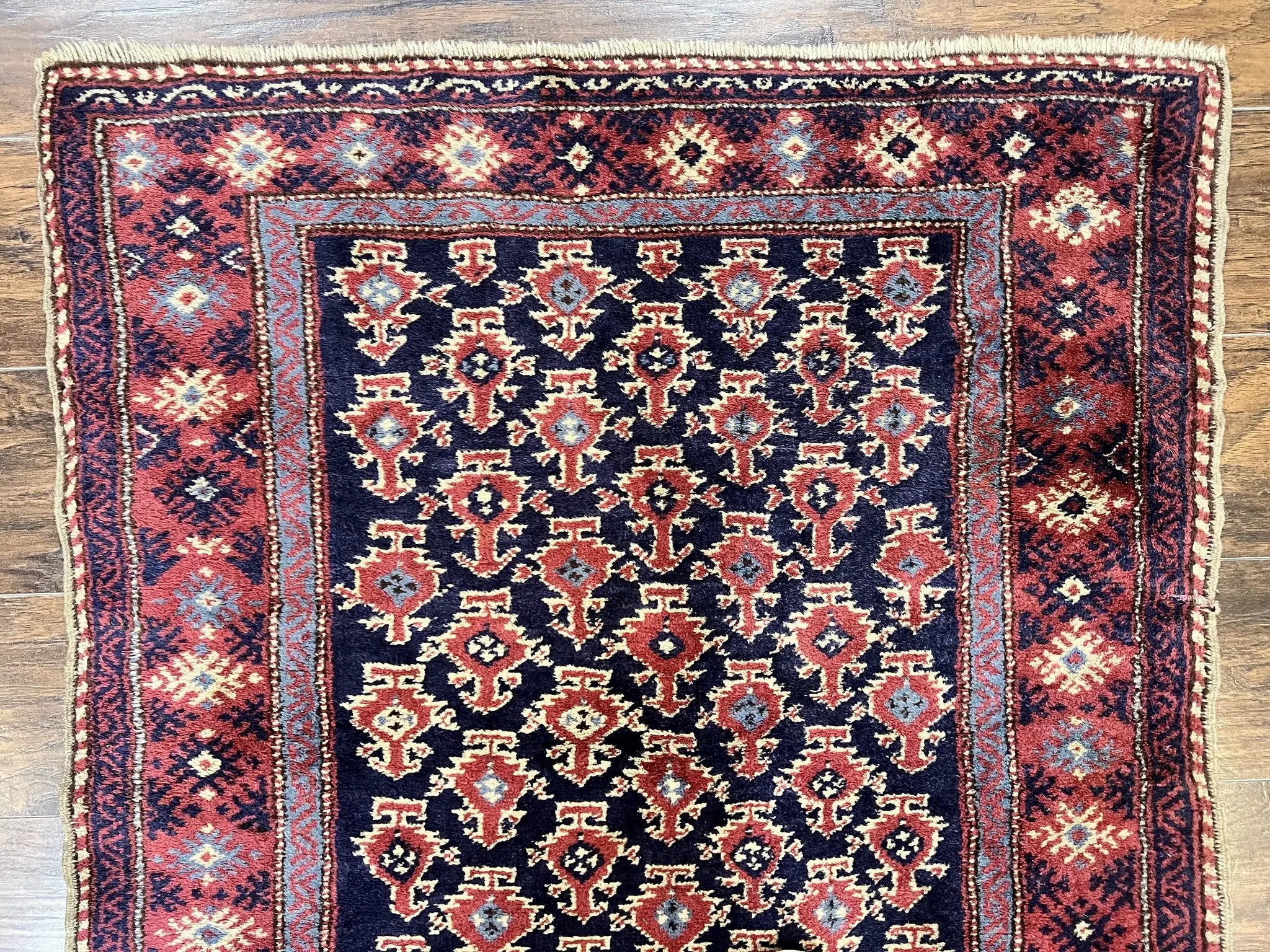 Turkish Sparta Rug 3x4, Allover Pattern, Navy Blue and Red, Antique Ispara Oriental Carpet 3 x 4, Small Turkish Handmade Vintage Wool Rug by Jewel Rugs