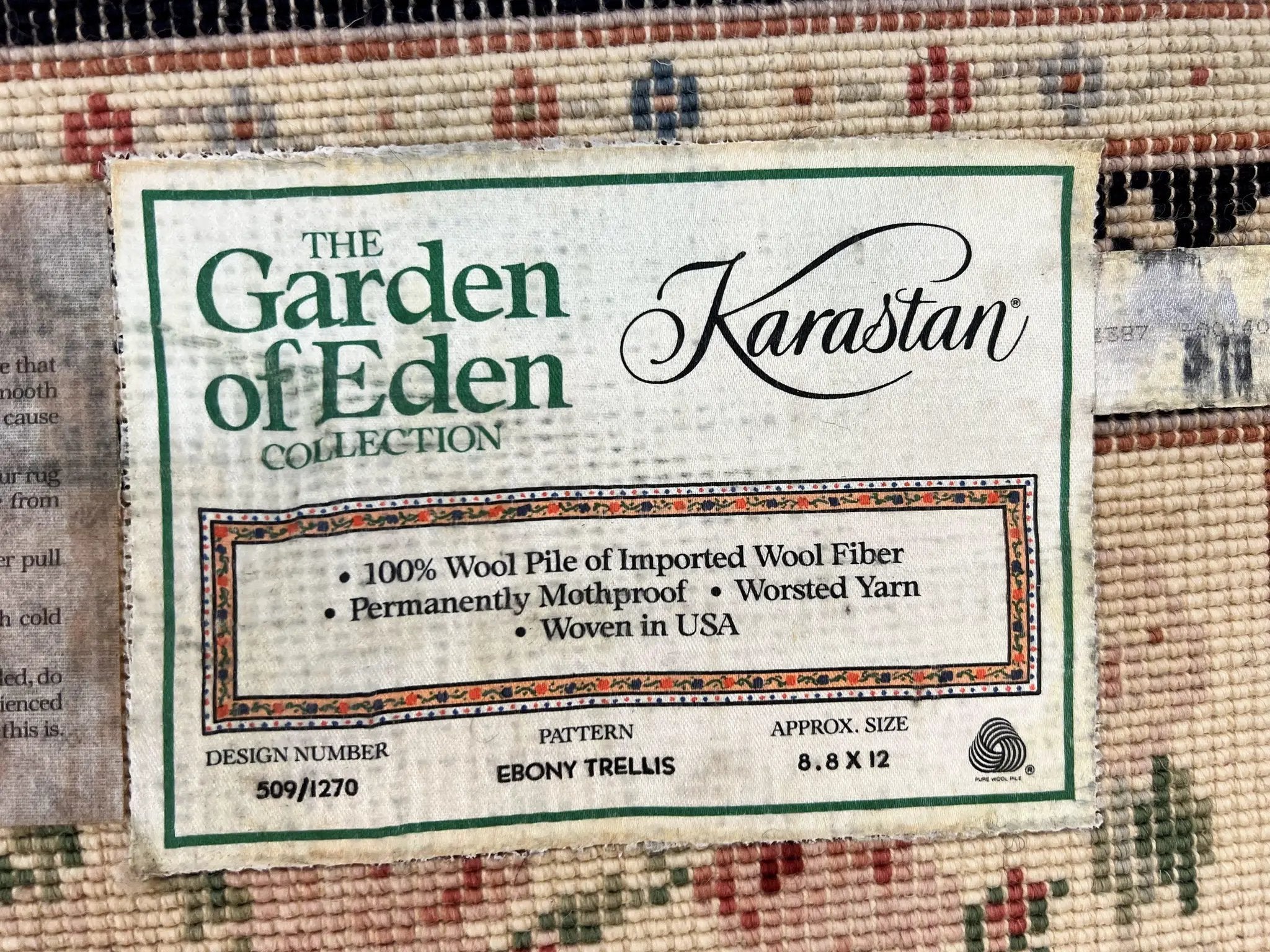 Karastan Rug 8' 8" x 12" Garden of Eden Collection Ebony Trellis #509/1270, Wool Pile Discontinued Vintage Karastan Carpet, Room Sized Rug by Jewel Rugs