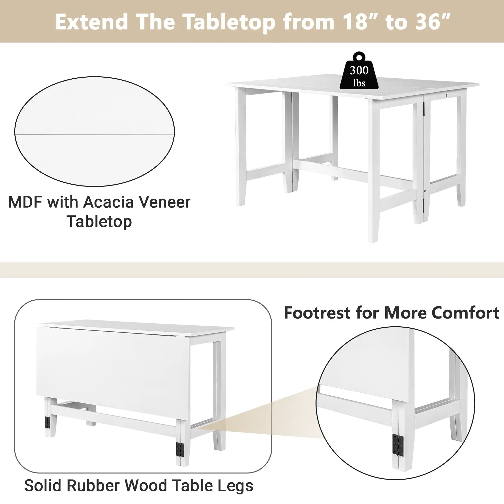 Topmax Farmhouse Wood Extendable Dining Table with Drop Leaf - White by HouseOfZazla