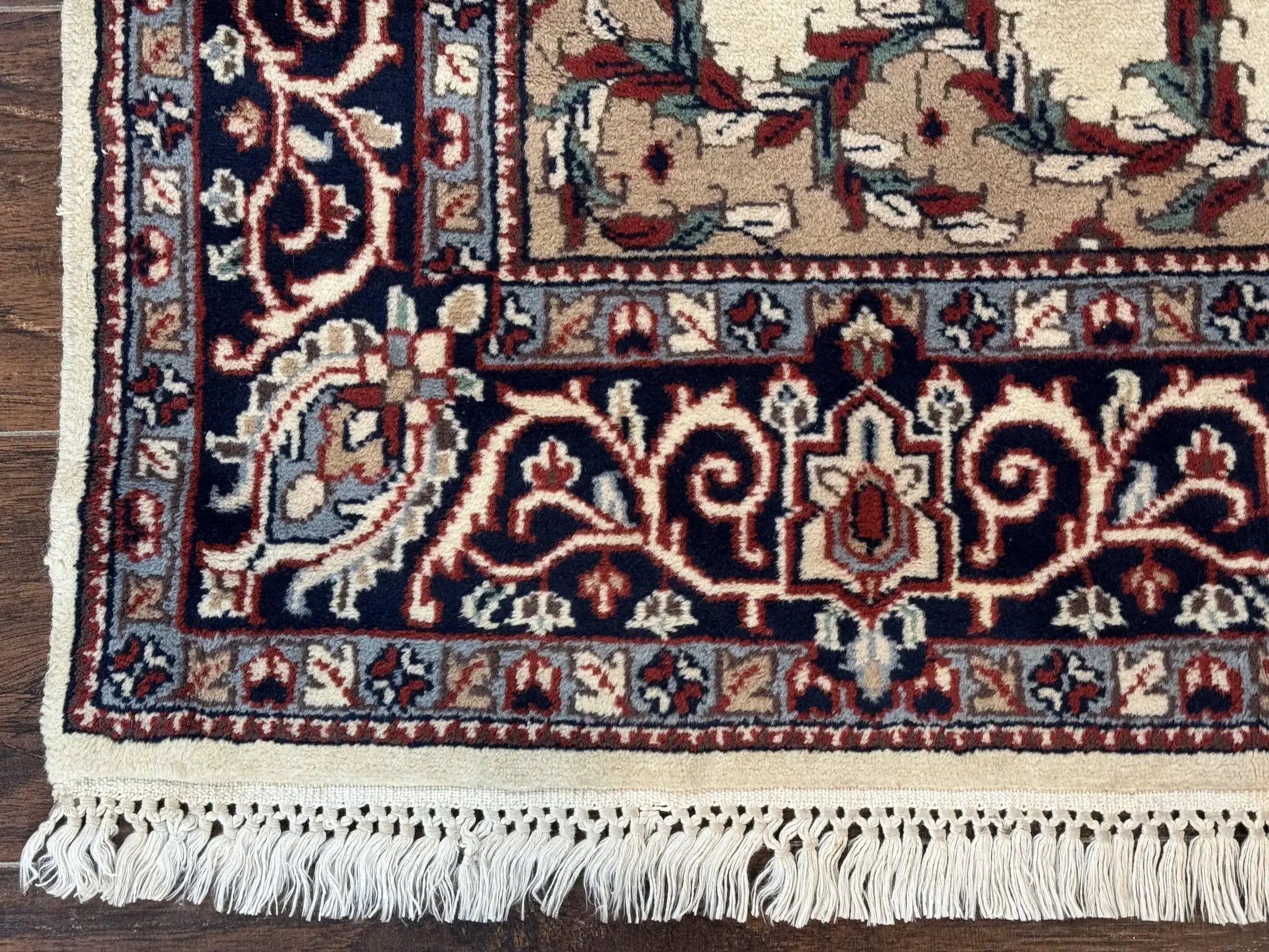 Indian Kashmiri Rug 4x6, Ivory Beige Navy Blue, Traditional Indo Persian Rug by Jewel Rugs