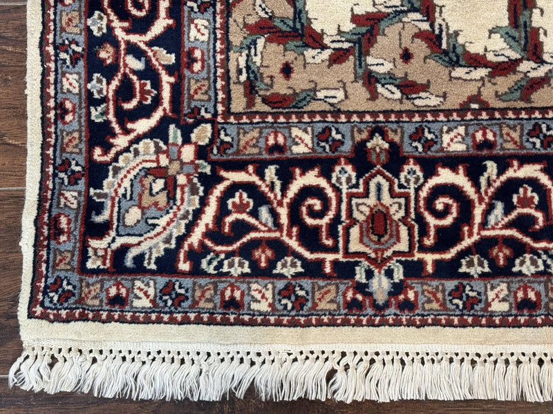 Indian Kashmiri Rug 4x6, Ivory Beige Navy Blue, Traditional Indo Persian Rug by Jewel Rugs