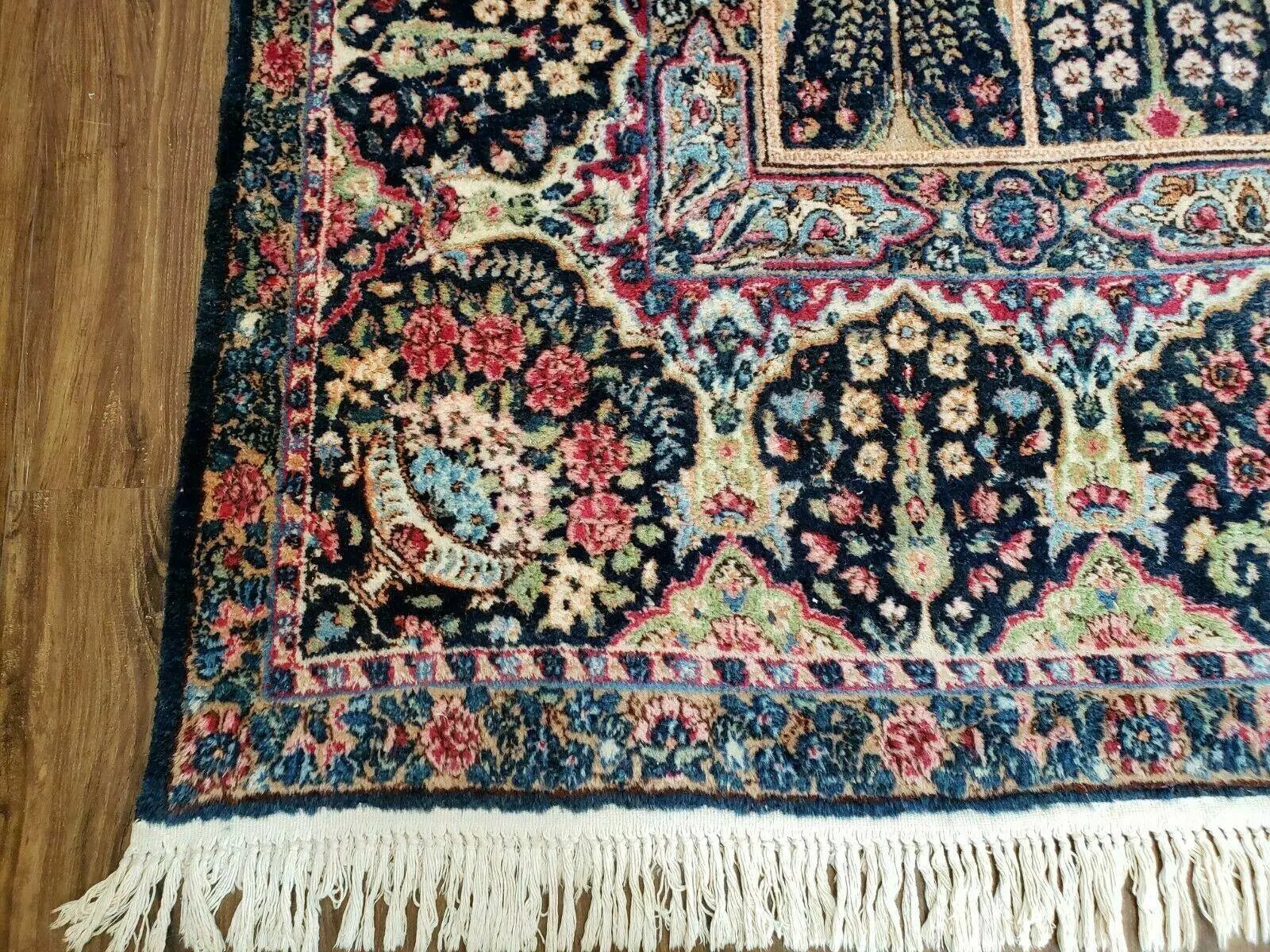 Persian Rug 10x15, Authentic Oriental Carpet 10 x 15, Wool Area Rug Panel Design Hand-Knotted Vintage Kirman Yazd Rug, Dark Blue and Beige, Floral by Jewel Rugs