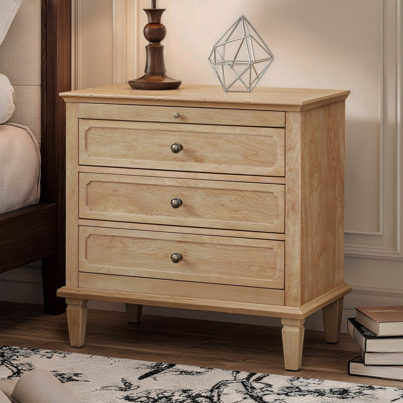 Vintage 3 Drawer Nightstand with Built-In Charging Station - Solid Wood Legs