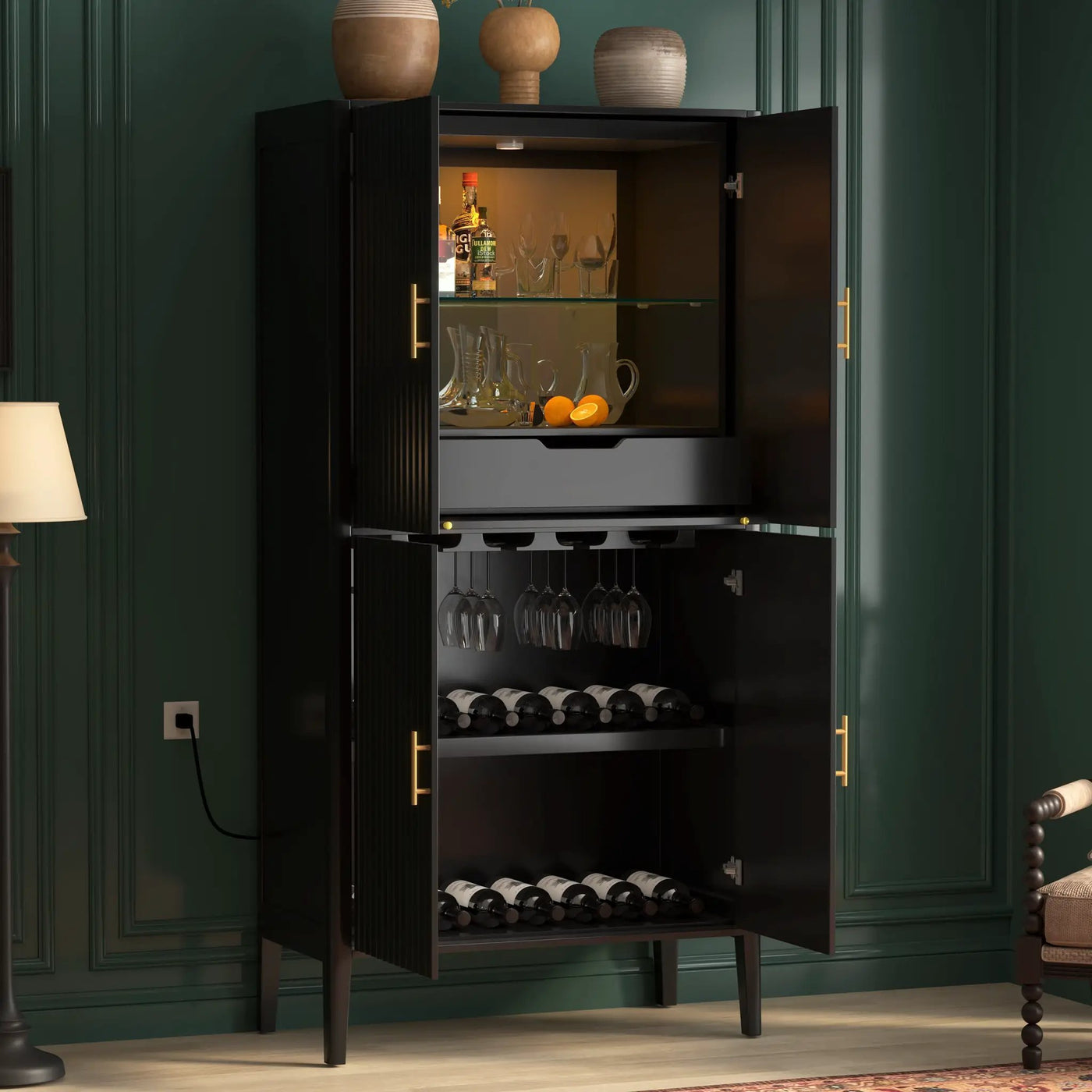 U_STYLE Modern Fluted Wine Cabinet with Glass Display & Stemware Rack by HouseOfZazla