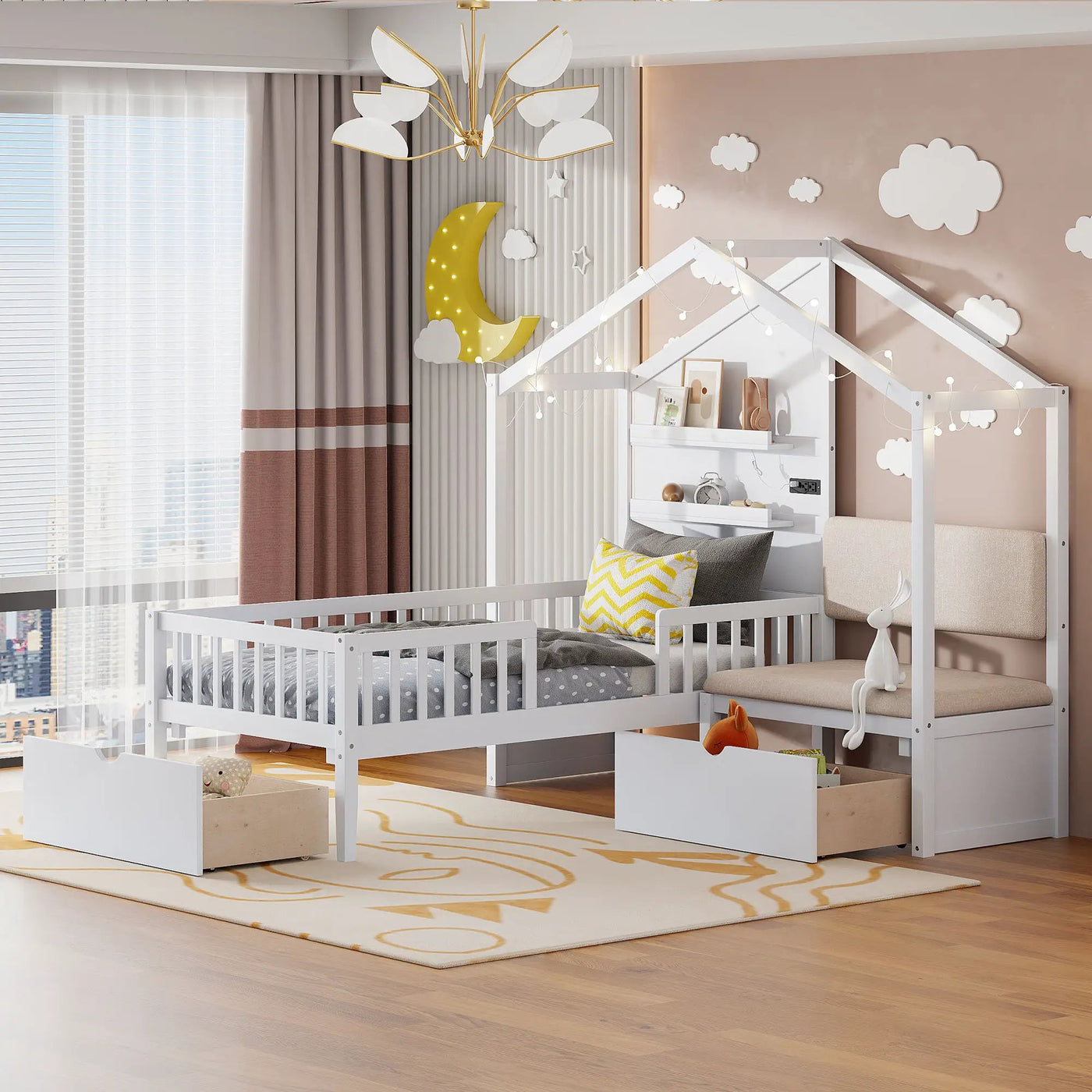 House Bed With Upholstered Sofa, Wireless Charging Station, Shelves And 2 Drawers by Unique Piece Furniture