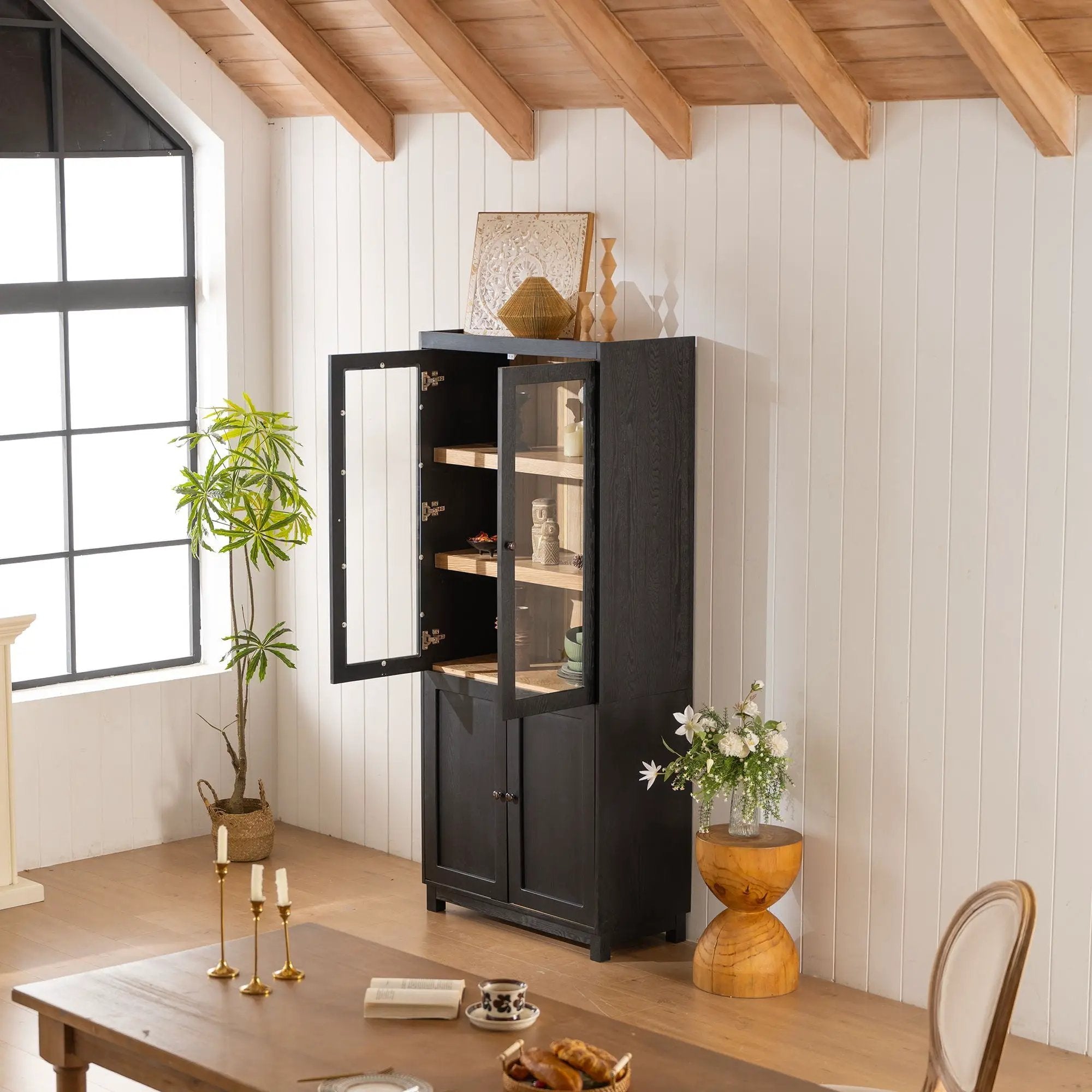 Mid Century Modern Style Tall Display Cabinet With Glass Doors For Collectibles - Black by HouseOfZazla