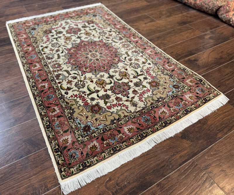 Fine Persian Tabriz Rug 3x5, Floral Medallion, 340 KPSI, Ivory Salmon by Jewel Rugs