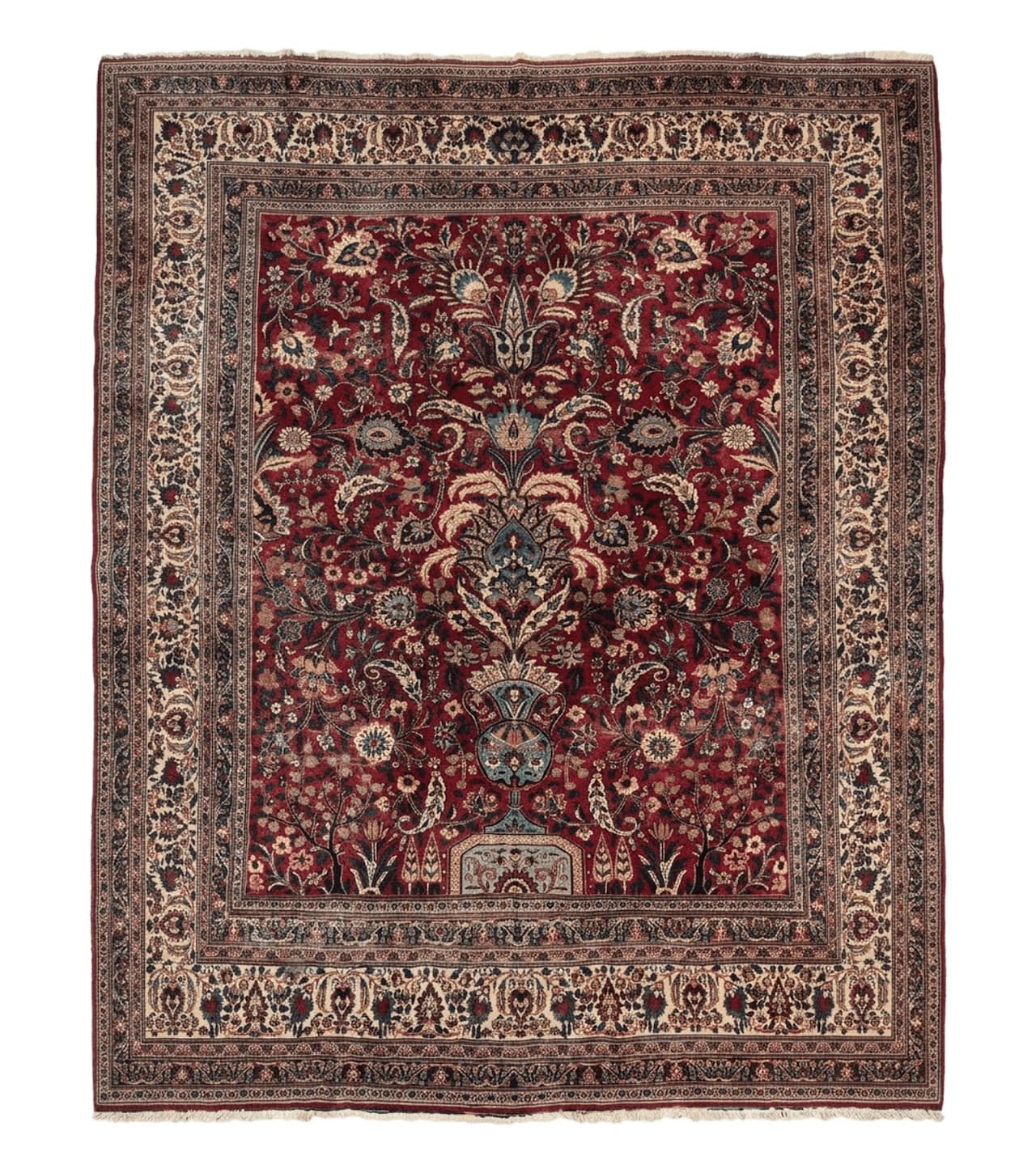 Antique Persian Mashad Rug 10x12, Red and Ivory, Signed by Master Weaver by Jewel Rugs