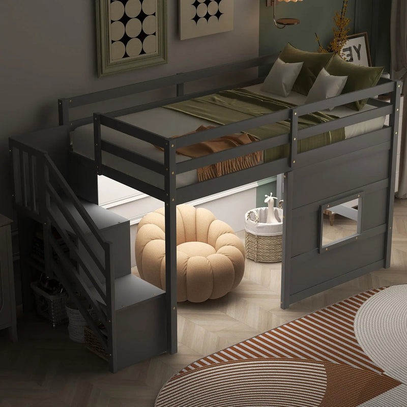 Loft Bed With Storage Staircase, Window & LED Light by Unique Piece Furniture