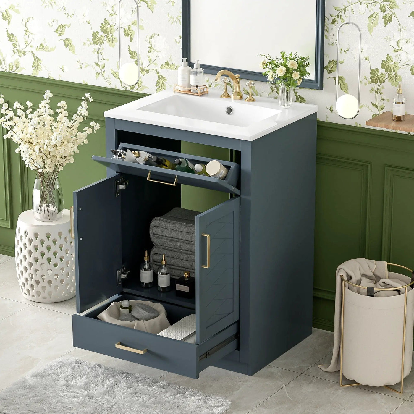 Modern Bathroom Vanity With Integrated Ceramic Sink, 2 Door Cabinet With Tip-Out Drawer by HouseOfZazla