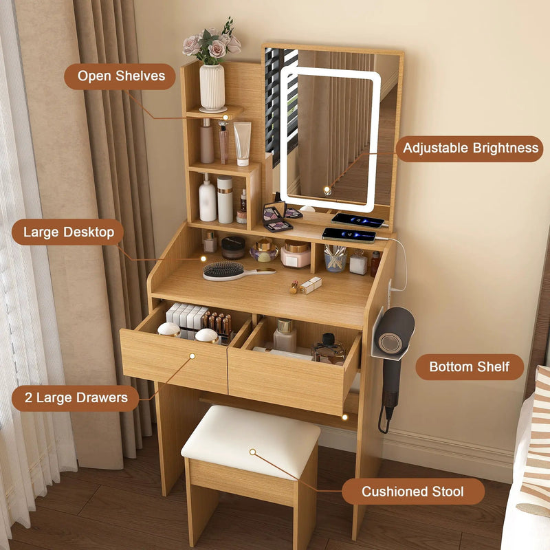 Vanity Table With LED Mirror, Power Outlet, Hairdryer Holder & Padded Stool by HouseOfZazla