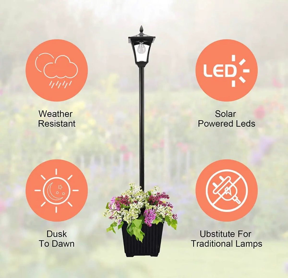 64 Inch Solar Lamp Post Lights Outdoor with Planter, 70 Lumen Solar Powered with 4 Adjustable Height- Black by Outdoor Solar Outlet
