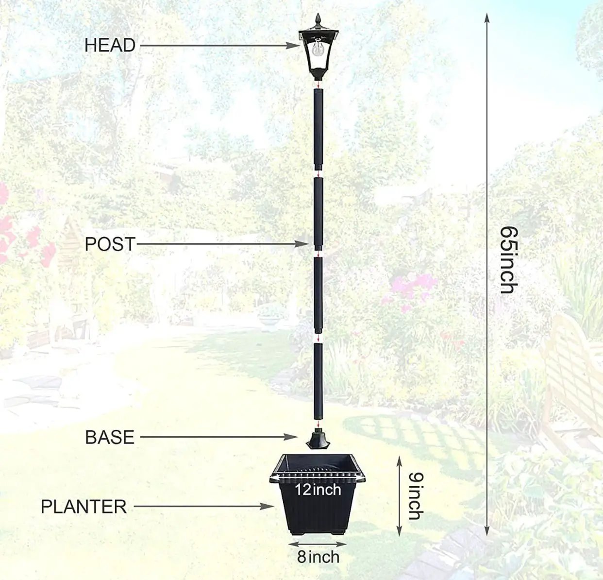 64 Inch Solar Lamp Post Lights Outdoor with Planter, 70 Lumen Solar Powered with 4 Adjustable Height- Black by Outdoor Solar Outlet