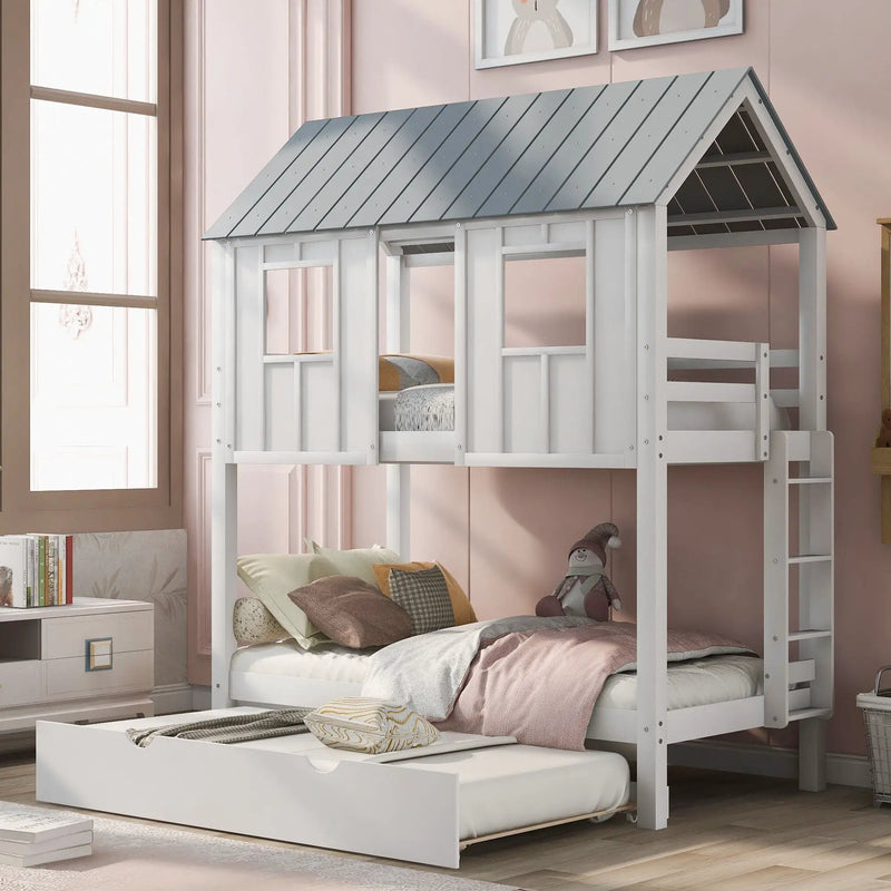 Twin Size House Bunk Bed With Trundle, Roof And Windows - White / Gray by HouseOfZazla