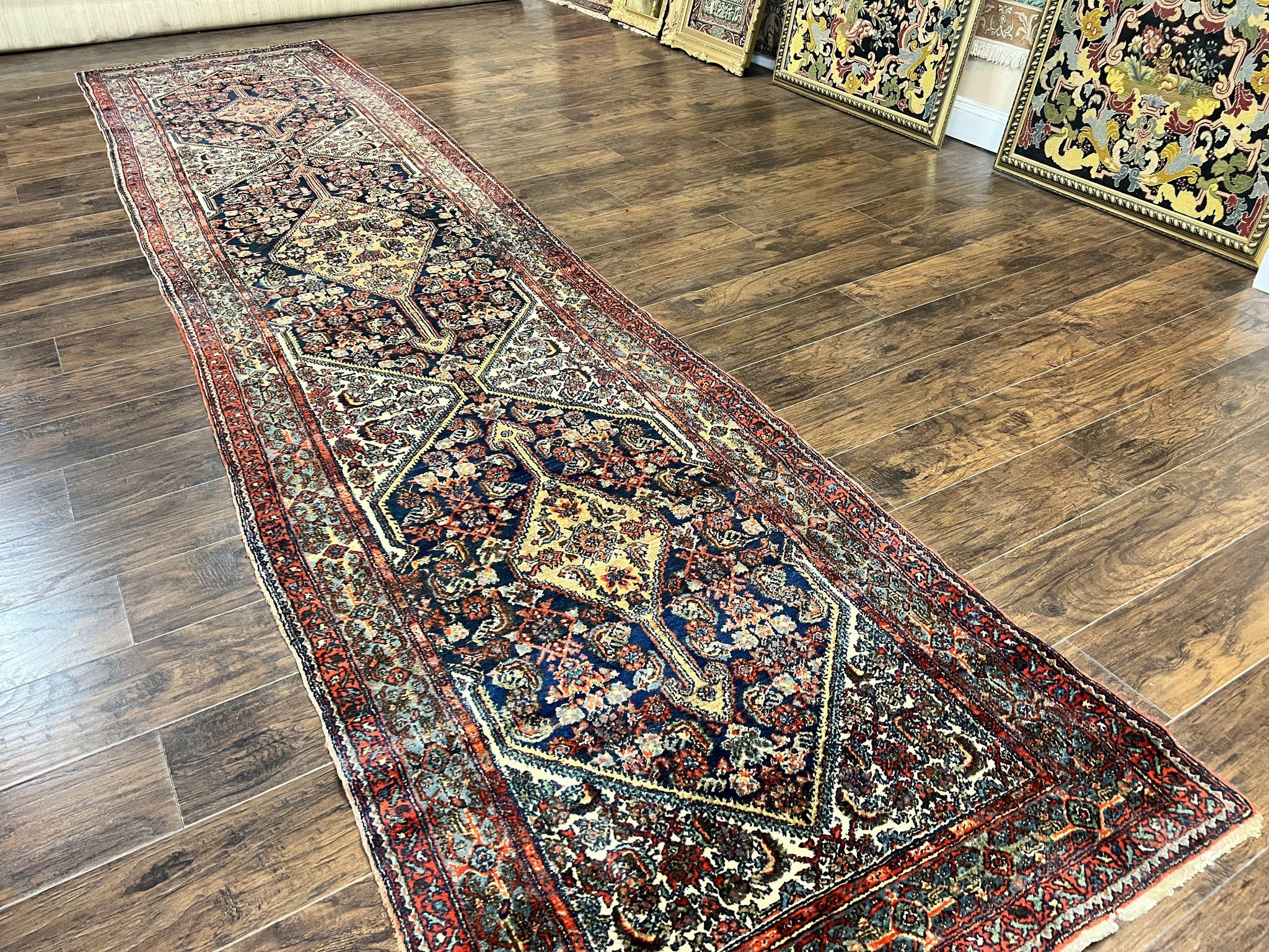 Antique Persian Runner Rug 3.7 x 15.8, Navy Blue Multicolor, Hand Knotted Handmade Wool Rug for Hallway, Geometric Medallions, Persian Hamadan Rug by Jewel Rugs