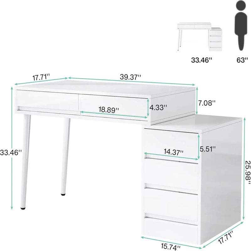 Glossy Desk With 5 Drawers & Printer Stand, Reversible Home Office Computer And Vanity Table For Small Spaces - White by HouseOfZazla
