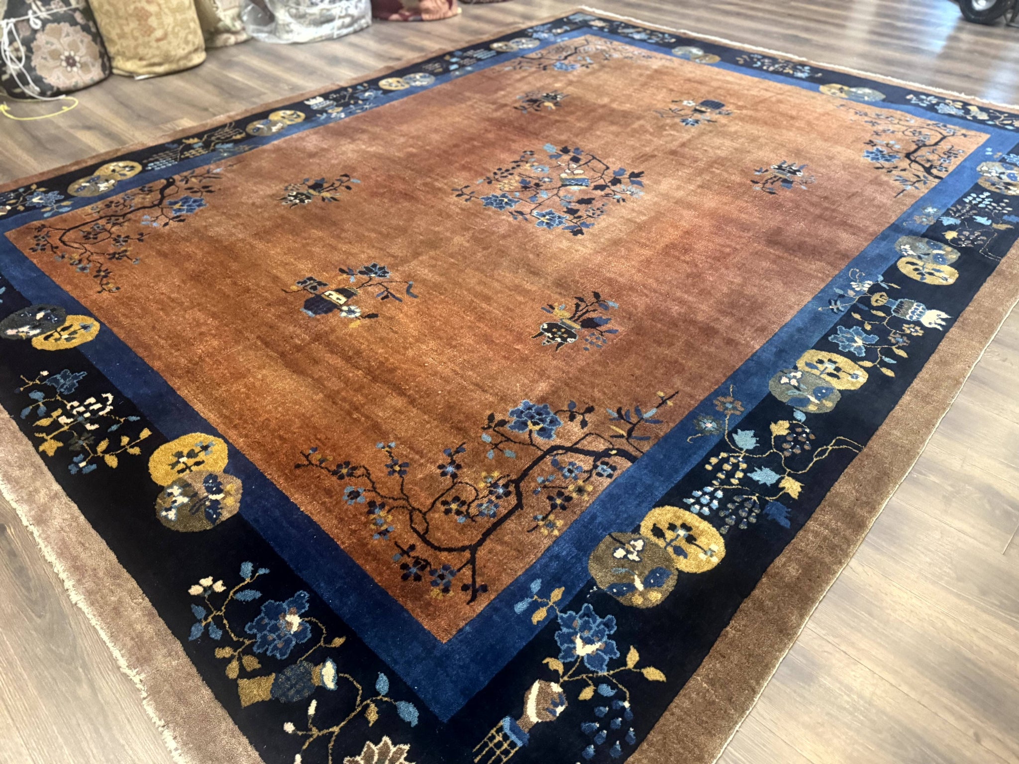 Antique Chinese Wool Rug 9x12, Light Brown and Navy Blue, Fete Peking Art Deco by Jewel Rugs