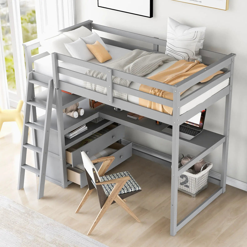 Modern Loft Bed With Built In Desk, Shelves, And 2 Drawers by HouseOfZazla
