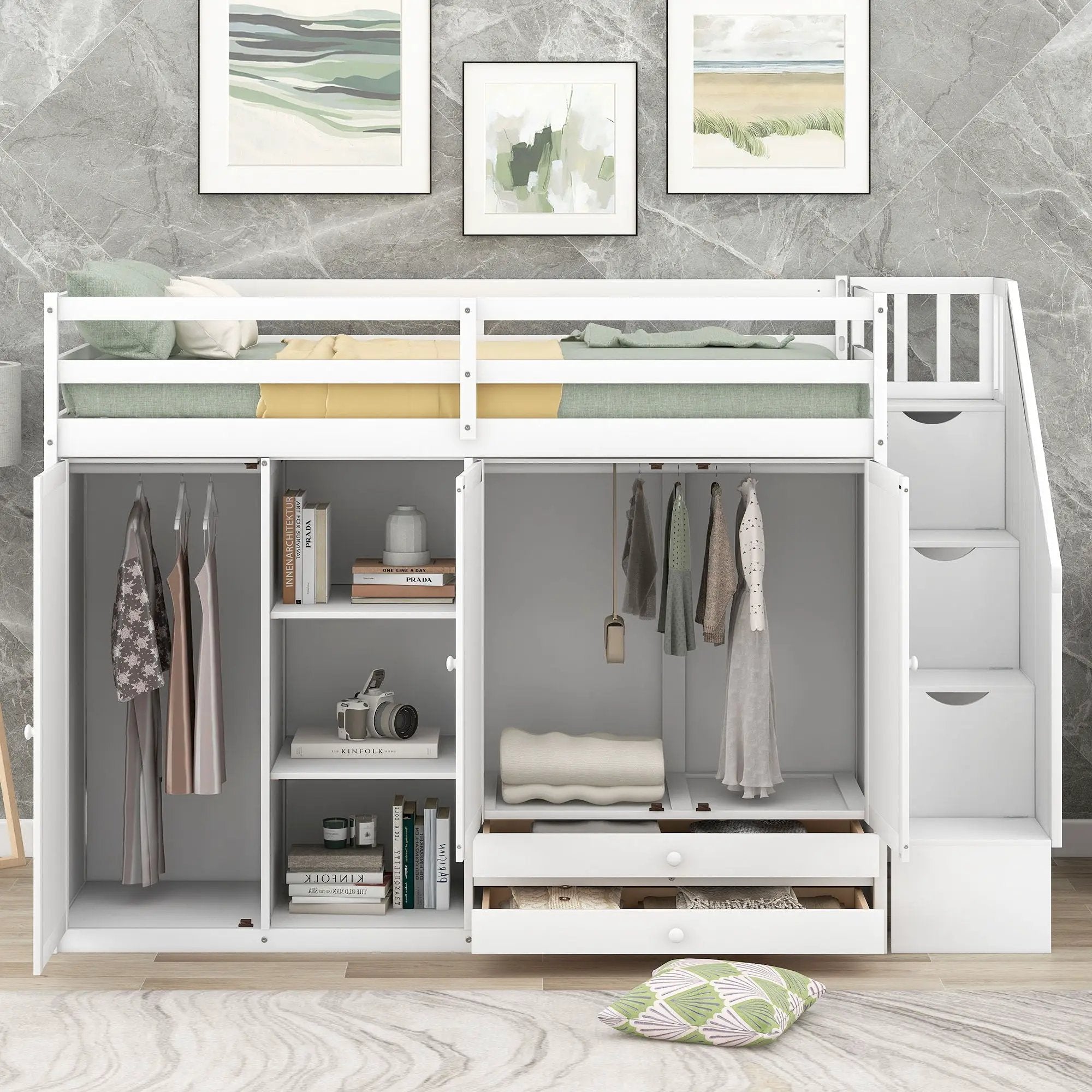 Loft Bed With 3 Shelves, 2 Wardrobes, 2 Drawers, Ladder Storage by HouseOfZazla