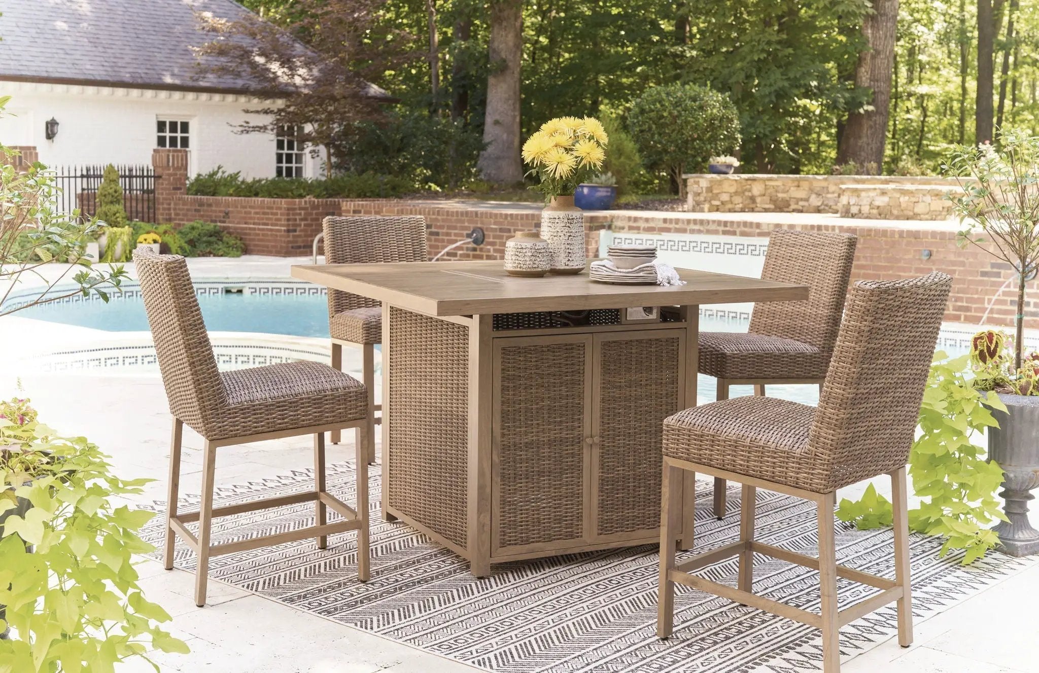 Walton Bridge - 5 Pc. - Square Bar Table W/Fire Pit, 4 Barstools - Driftwood by Unique Piece Furniture
