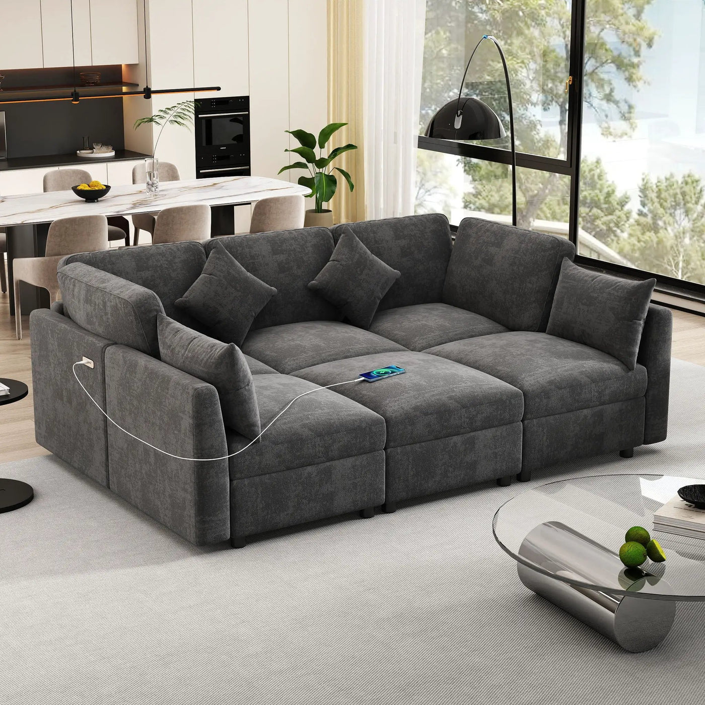Sectional Sofa Modular U-Shaped With Ottoman & USB Ports by Unique Piece Furniture