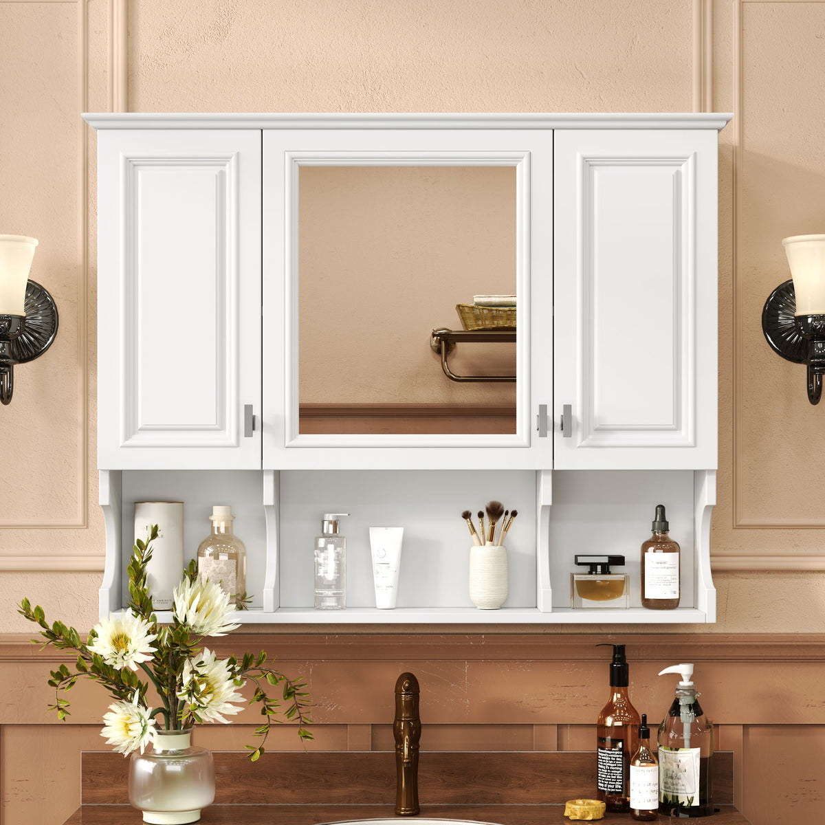 Wall Mounted Bathroom Medicine Cabinet With Mirror & Open Shelves, photo 18 of 40
