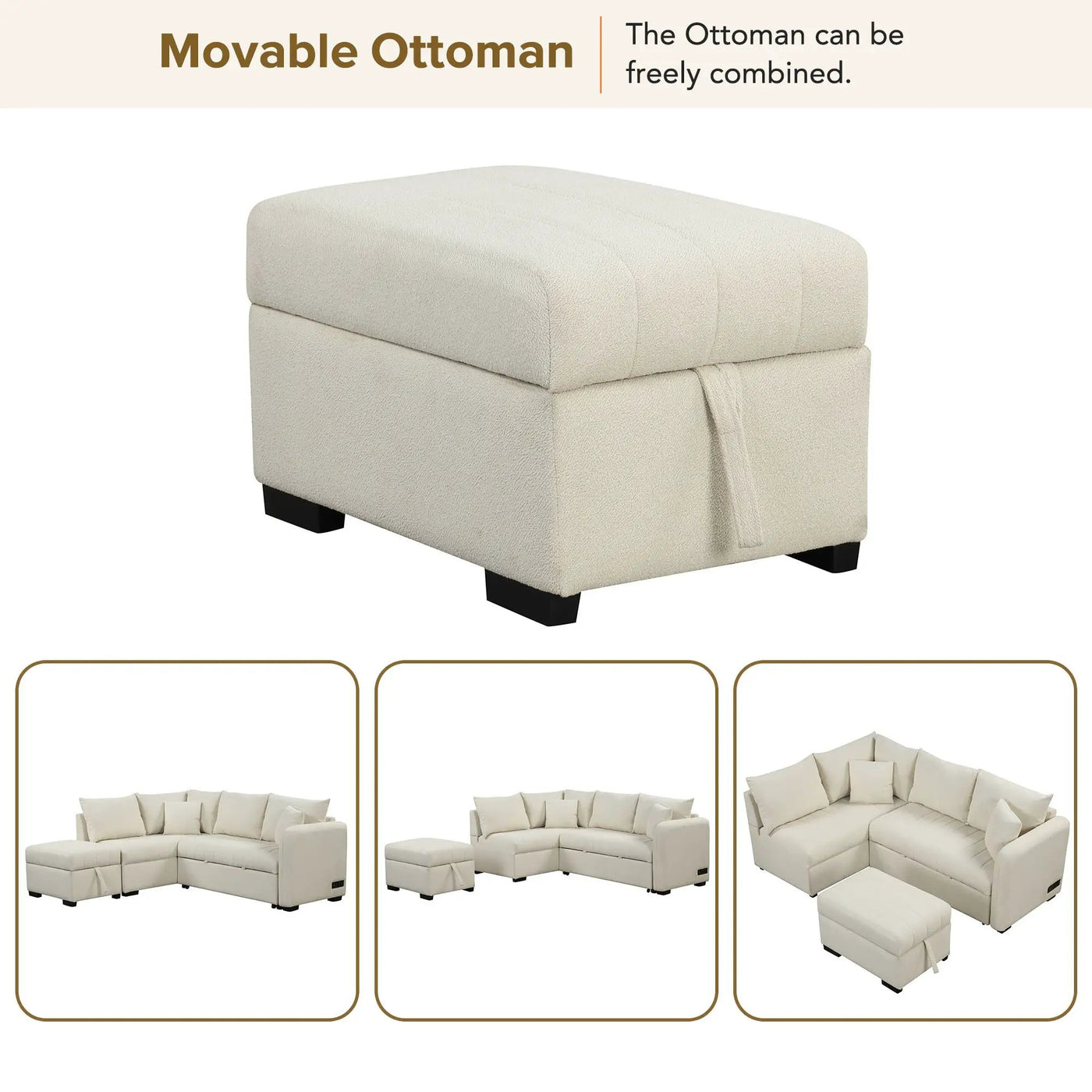 L-Shaped Sectional Pull Out Sofa Bed Sleeper Sofa With Two USB Ports, Two Power Sockets And A Movable Storage Ottoman by Unique Piece Furniture