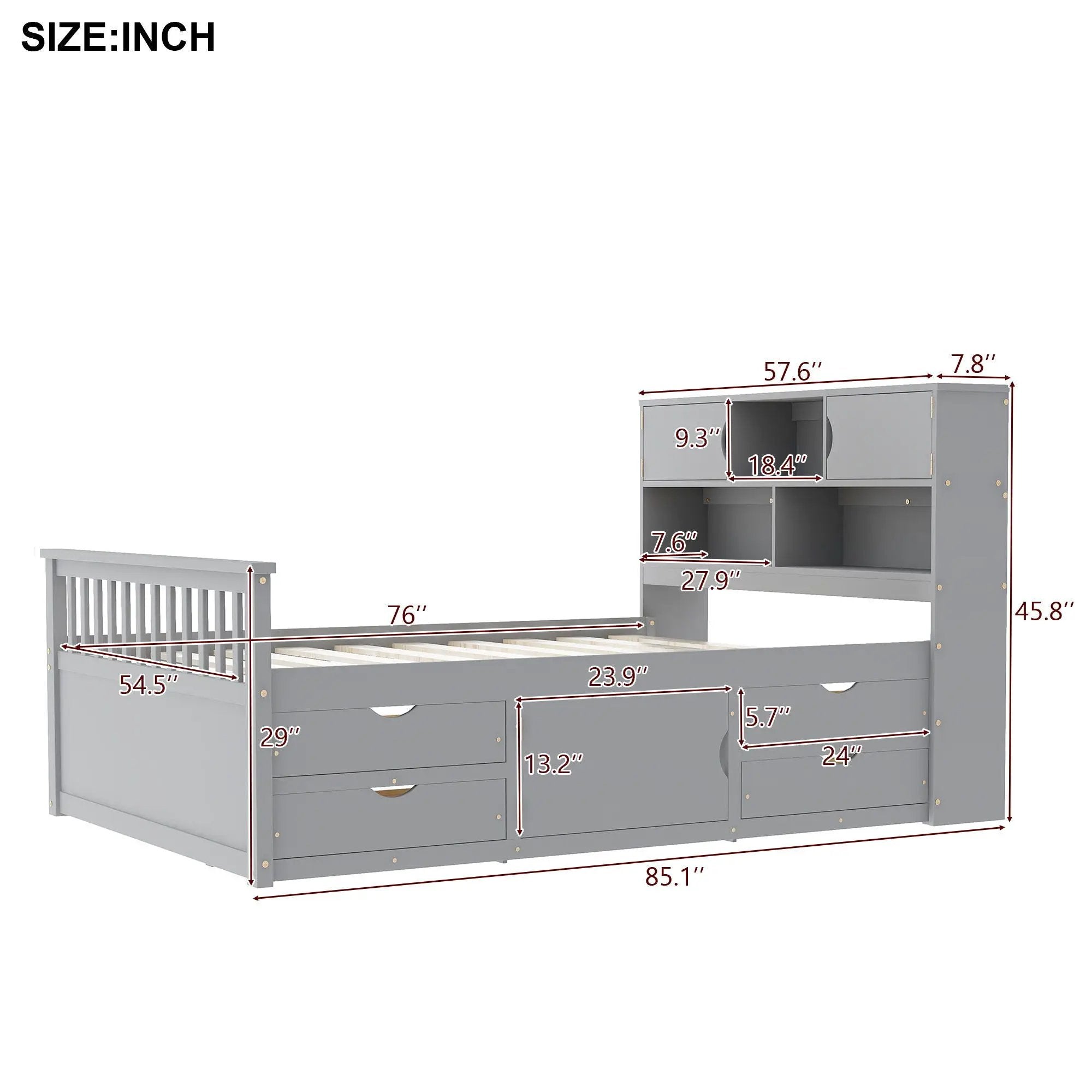 Captain Platform Bed Frame With Bookcase Headboard, 4 Drawers, Storage Shelves by HouseOfZazla