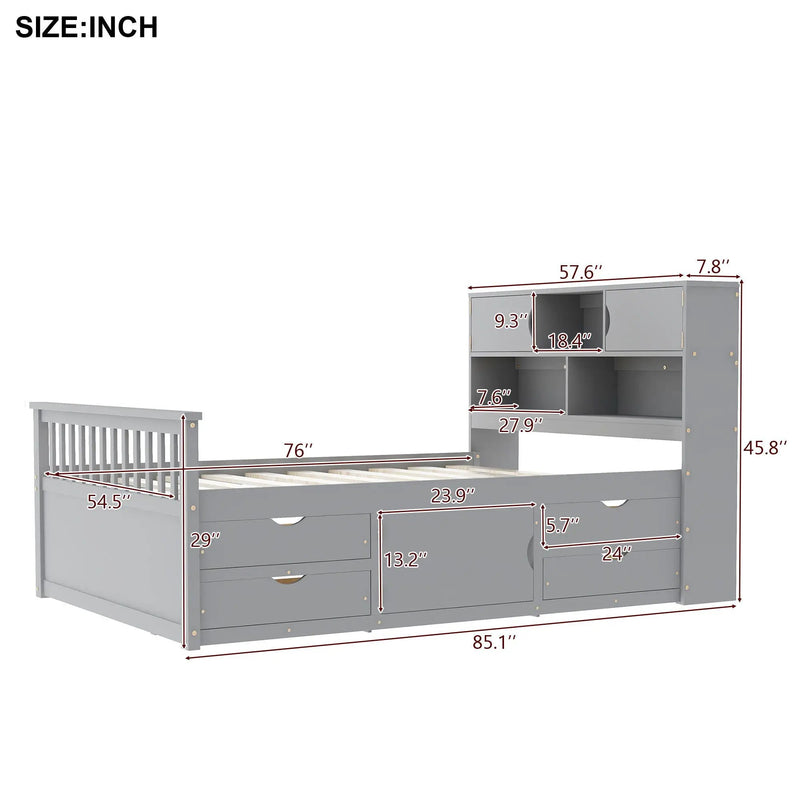 Captain Platform Bed Frame With Bookcase Headboard, 4 Drawers, Storage Shelves by HouseOfZazla